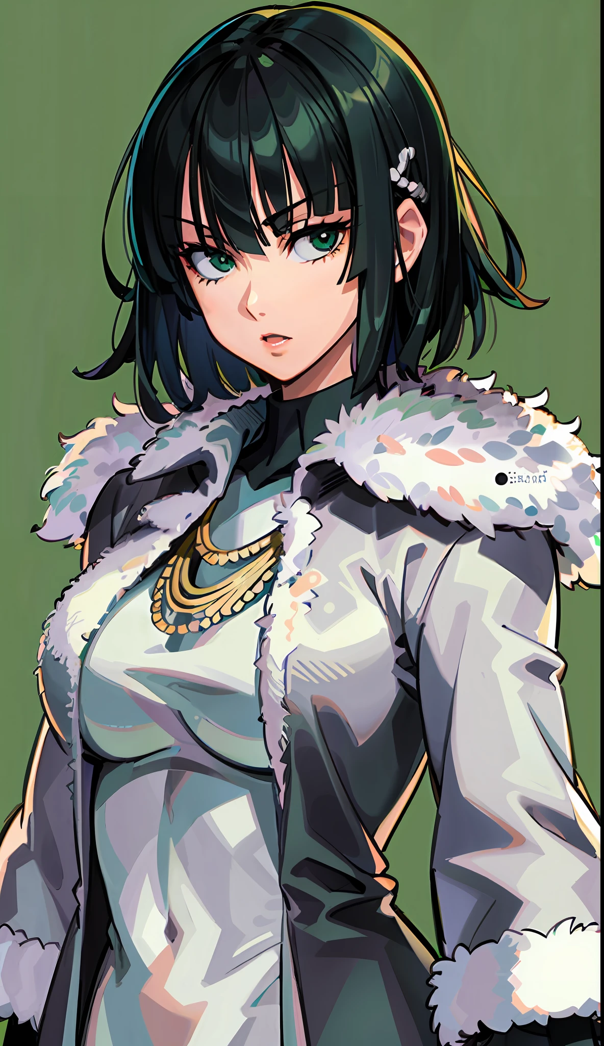 (fubuki:1.2), solo, elegant, (dress+fur coat:1.1),green eyes, looking at viewer, upper body, arms behind head.