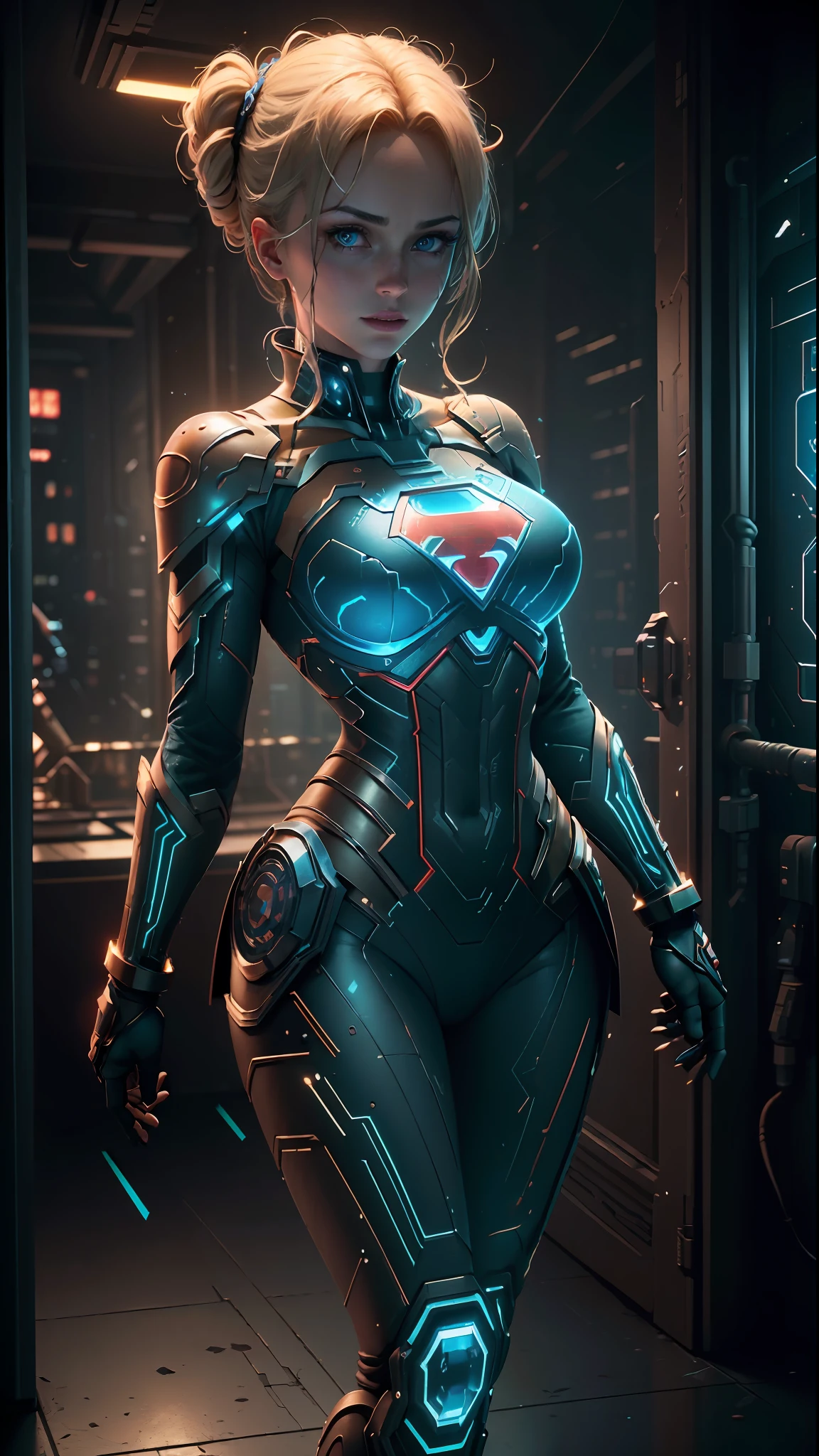 ((Best Quality)), ((Masterpiece)), (Detailed: 1.4), 3D, an image of a beautiful cyberpunk Supergirl,HDR (High Dynamic Range),Ray Tracing,NVIDIA RTX,Super-Resolution,Unreal 5,Subsurface Dispersion, PBR Texture, Post-processing, Anisotropic Filtering, Depth of Field, Maximum Clarity and Sharpness, Multilayer Textures, Albedo and Specular Maps, Surface Shading, Accurate Simulation of Light-Material Interaction, Perfect Proportions, Octane Render,  Two-Tone Lighting,Wide Aperture,Low ISO,White Balance,Rule of Thirds,8K RAW,CircuitBoardAI, Blonde Hair, Blue Eyes, Superman Symbol on Chest.