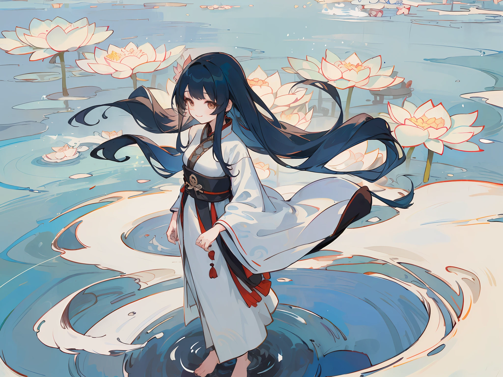 ((4k,masterpiece,best quality)), shuimobysim, traditional chinese ink painting, lotus, hanfu, maxiskit, dress conservatively 1girl, solo, long blue hair, smile, standing, feet in the water, barefoot,