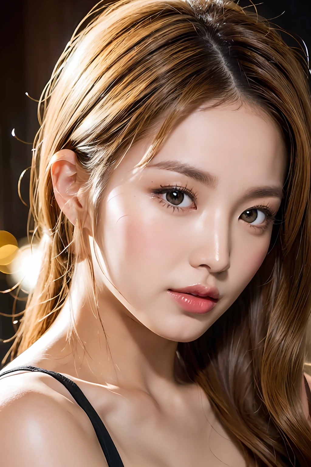 (8k, best quality, RAW photo, masterpiece, ultra high definition, high definition face, high definition: 1.4), (realistic, real: 1.4), (high definition: 1.4), 1 girl, (cute), (30 years old), (beautiful face), (tanned skin: 1.7), shiny skin, (blonde hair: 1.4), brown eyes, makeup, look viewer, cowboy shot,
