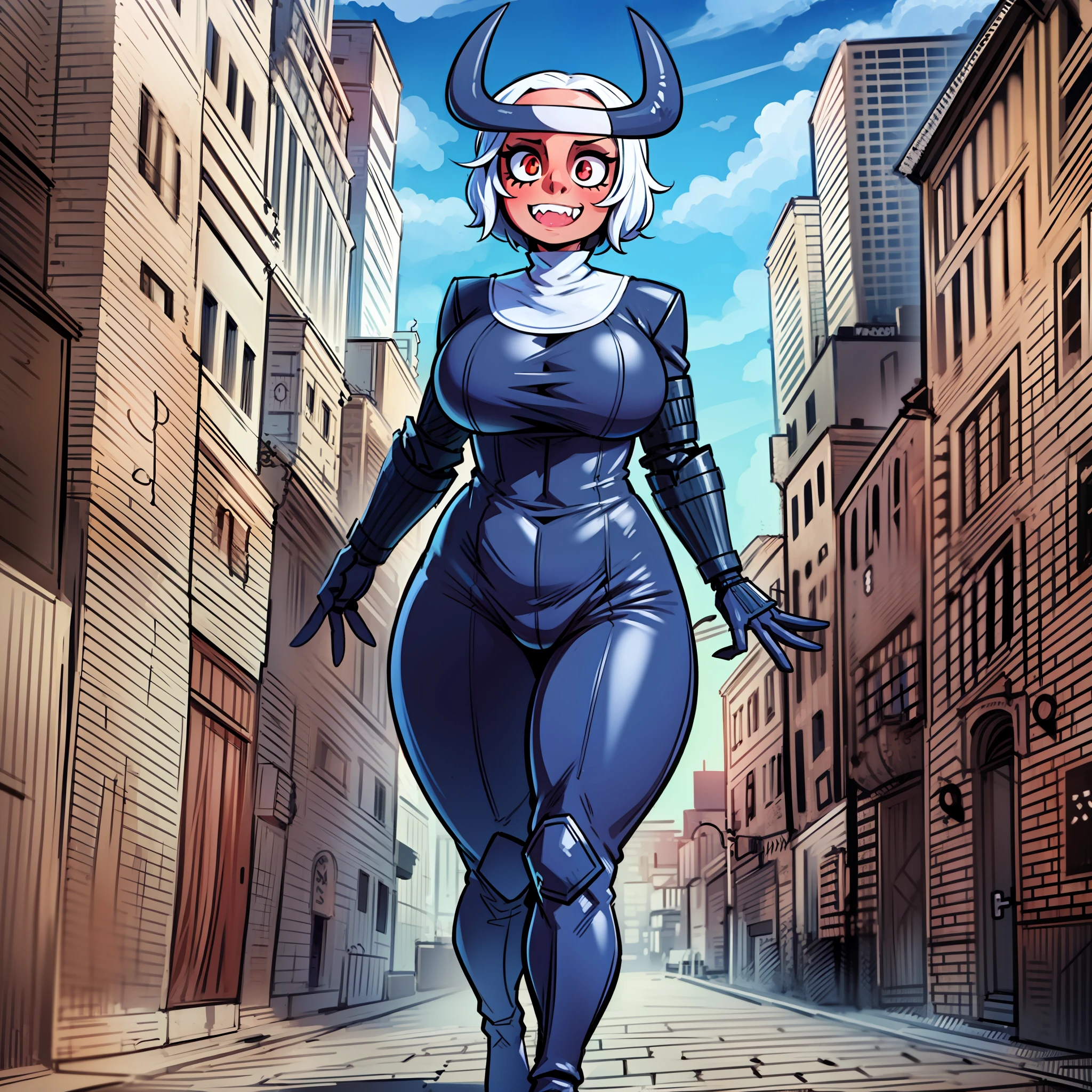 nun, demon girl, walking, bimbo, warpriesstes, silver hair, short hair, holy gauntlets