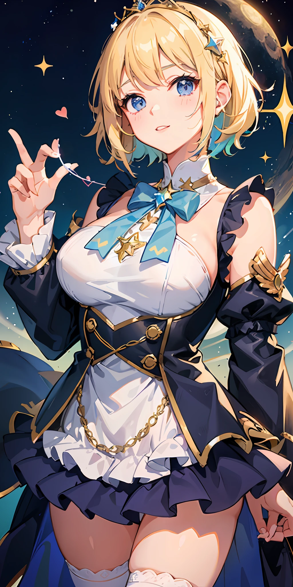 1girl, bright, blonde, light blue eyes, heart motif, star, moon, short hair, uniform bangs, multicolored hair, princess, saleme, side light, light particles, wallpaper, big, plump, idol, idol costume, cute costume, fabulous outfit, dress, swimsuit, loose, smiley, gentle, clear, loli, sexy