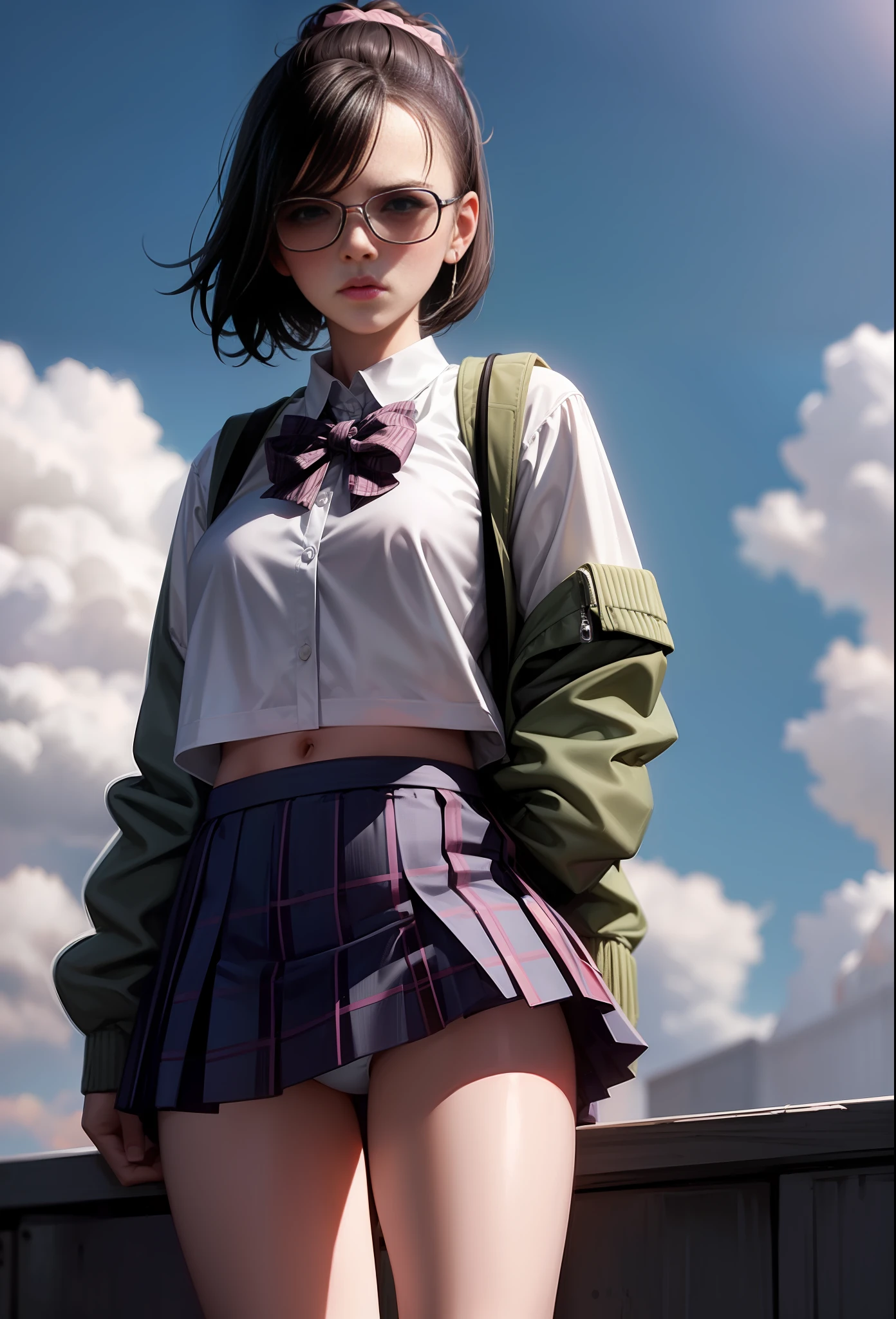 1girl, Walter White, gijinka, waistband, school girl outfit, pastel-colored UNDERWEAR, No skirt, VISIBLE panties, (masterpiece:1.2), (best quality:1.3), (blush), (aesthetic face).