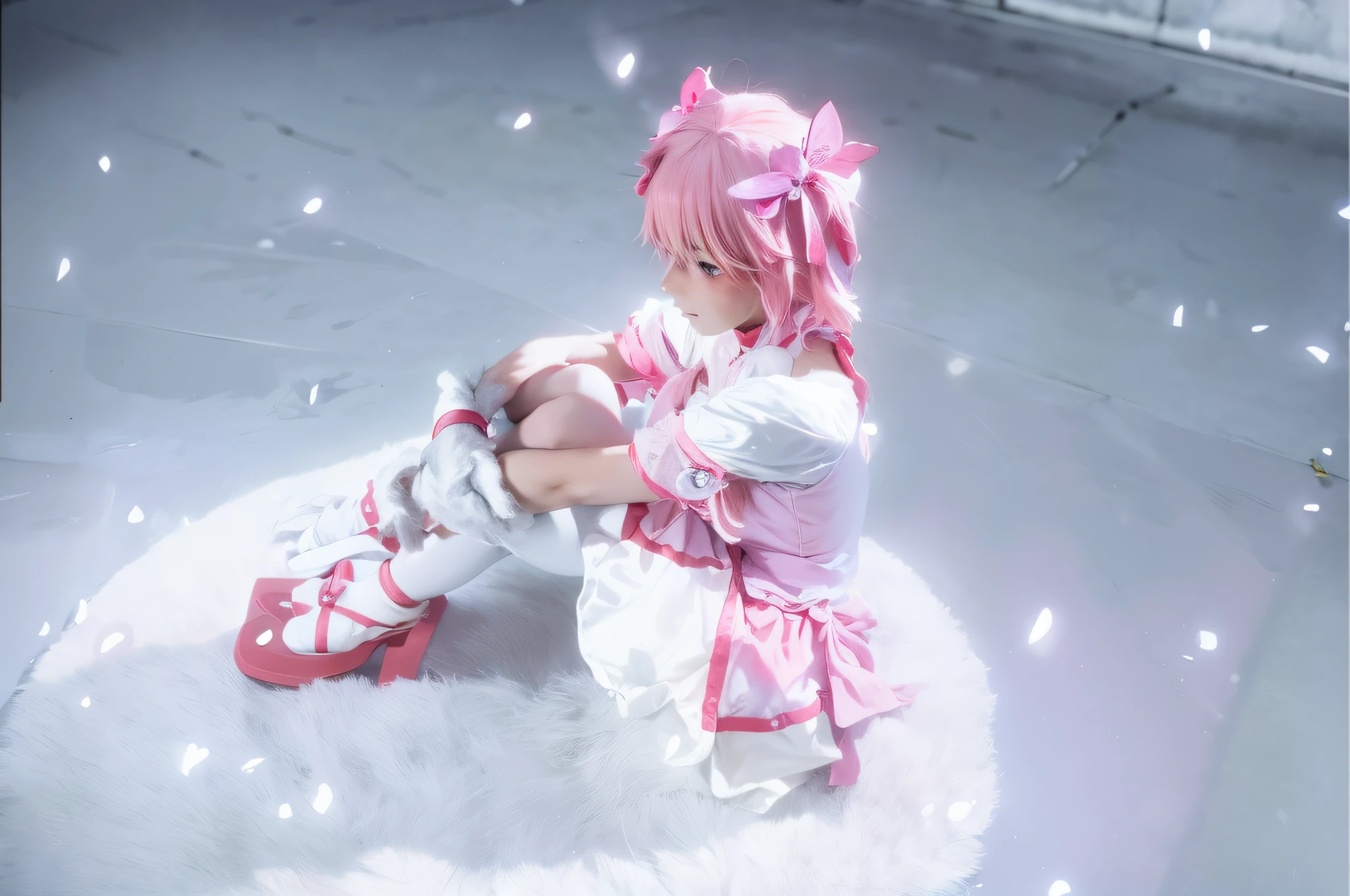 there is a girl sitting on a snow covered floor with a teddy bear, madoka kaname, anime girl cosplay, the anime girl is crouching, sakura kinomoto, loli, cosplay photo, ayaka cosplay, portrait of magical girl, rin, anime cosplay, sakura petals around her, haruno sakura, madoka magica, cosplay