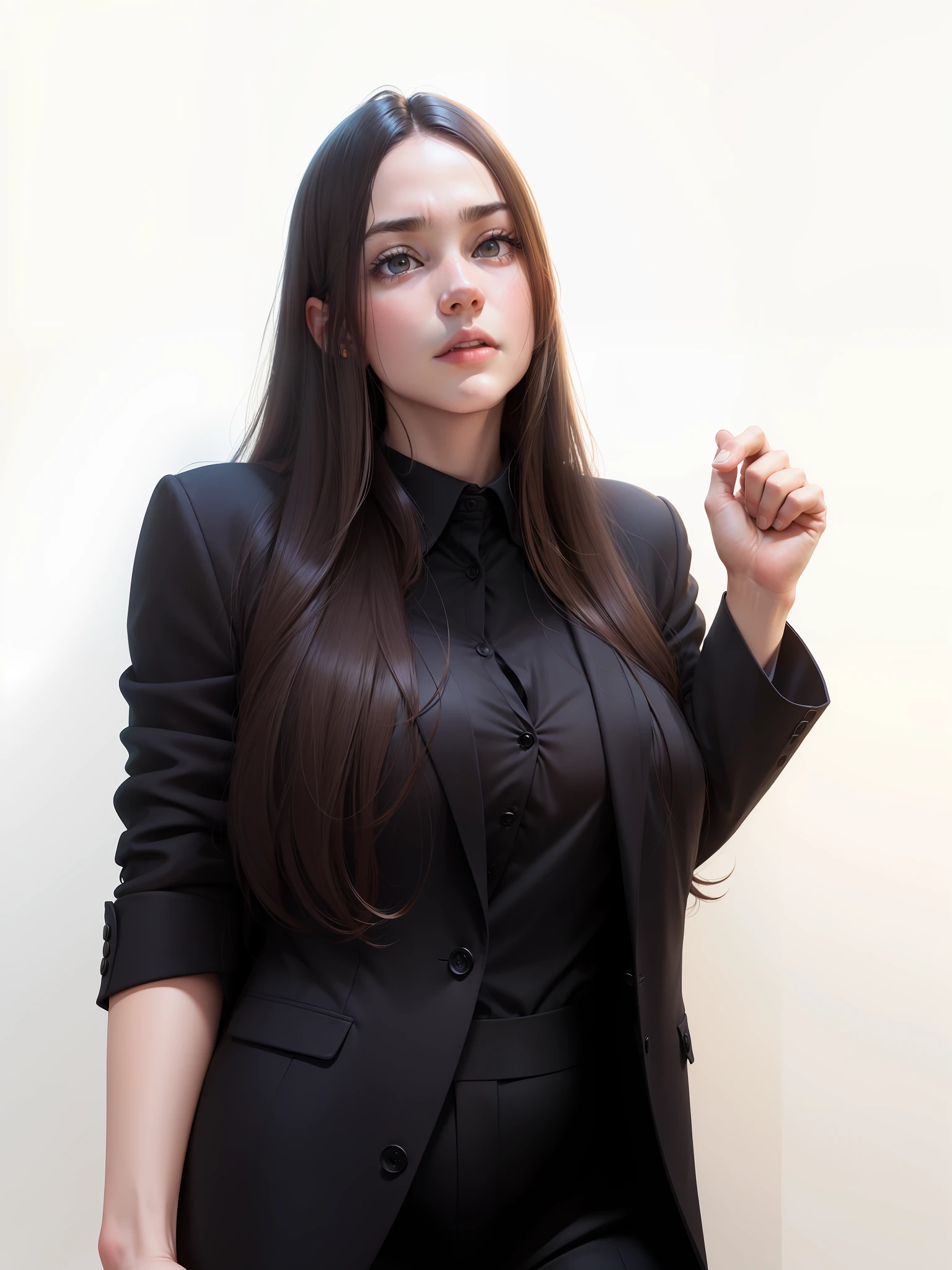 Film particles, shot with a mirrorless camera Sony a9 II, Laurence Demaison, (8k, best quality, masterpiece: 1.2), 1 office young, round face, angry, leaning forward, centered, (full body), in an office with an intricate nocturnal cityscape, dark hair, baggy office blazer in earthy tones, women's office clothes, top button opening,  realistic, clear face, partially visible --auto --s2