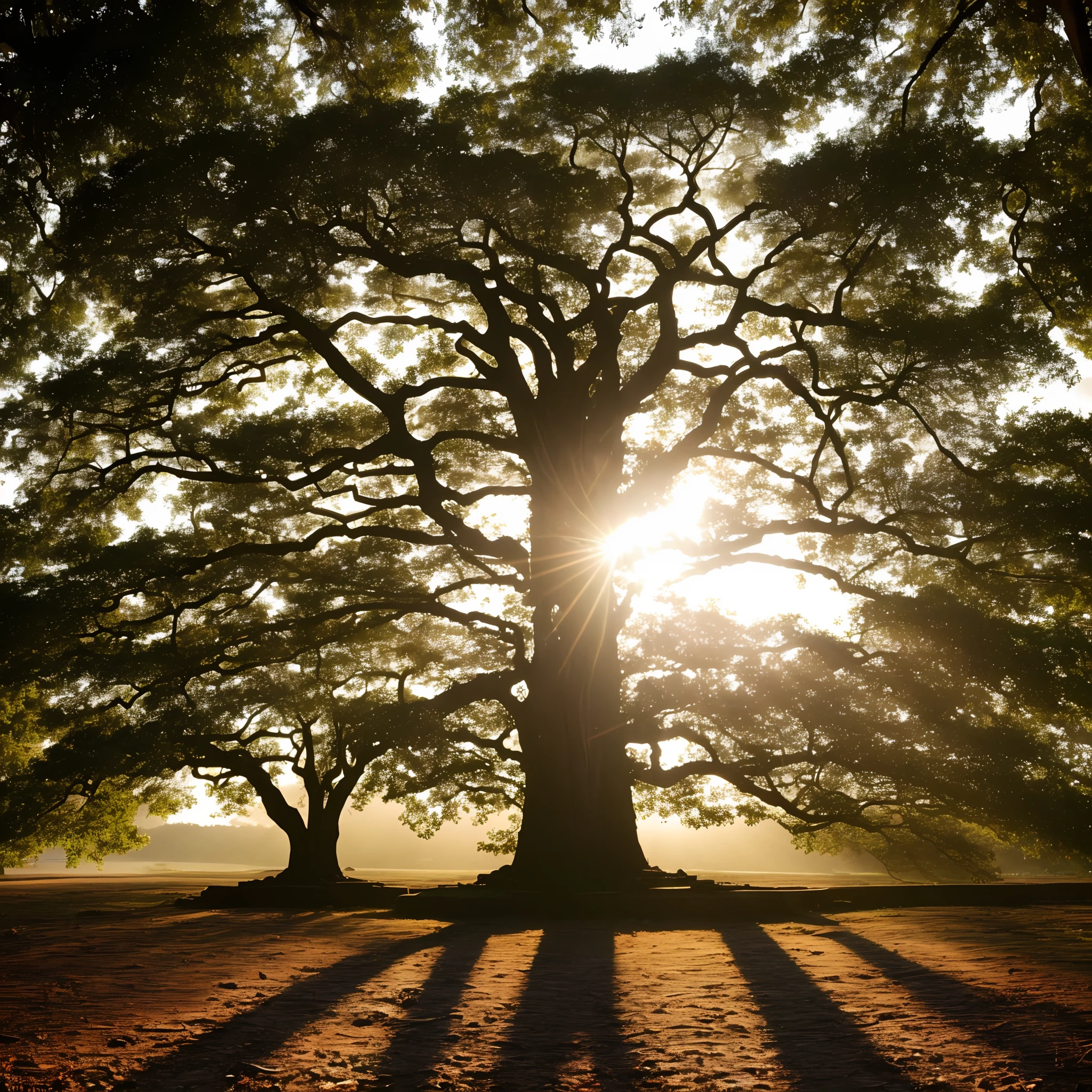 arafed view of a tree with the sun shining through the branches, bursting with holy light, ancient tree, huge ficus macrophylla, large magical trees, magical tree, rooted lineage, the bodhi tree at sunset, an enormous silver tree, huge central tree, big tree, enlightenment, brightly lit, the tree of life, majestic light, enlightening --auto --s2