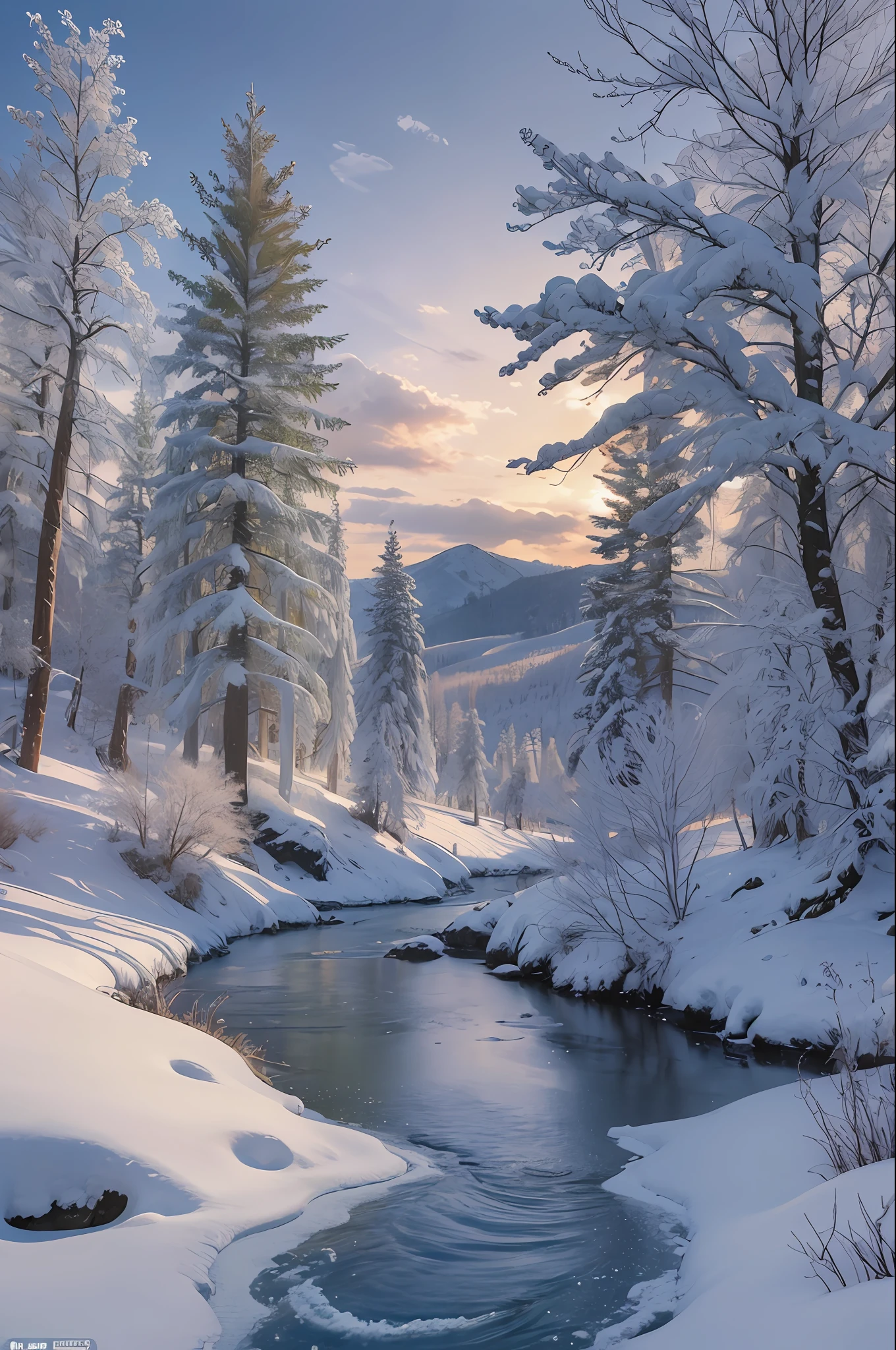 snowy landscape with a river and trees in the middle of it, winter scene fantasy, background artwork, snowy landscape, winter concept art, snowy environment, beautiful snowy landscape, snow landscape, snow landscape background, 4k highly detailed digital art, 8k high quality detailed art, cold snowy, surreal frozen landscape, winter landscape, mystic winter landscape, 4k hd matte digital painting --auto --s2