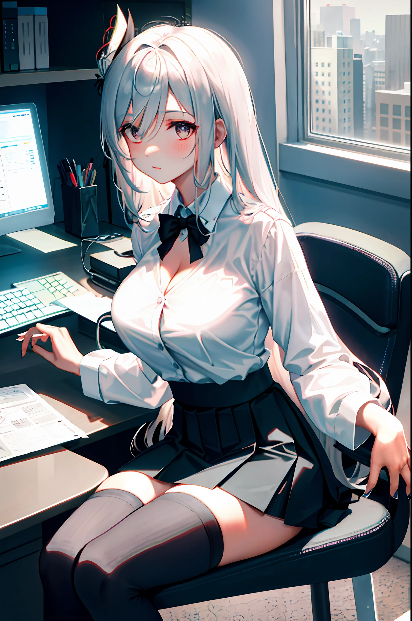 Shenhe, 1girl, solo, ((white shirt)), black thighhighs, breasts, cleavage, uniform, office background, black skirt, pleated skirt, office, hair between eyes, hair ornament, large breasts, long hair, looking at viewer, silver hair, silver short nails, silver eyes, solo, thighhighs, thighs, very long hair, ((masterpiece)), sitting, chair, desk, computer on desk, name tag, id tag, indoor, blush, sexy pose,