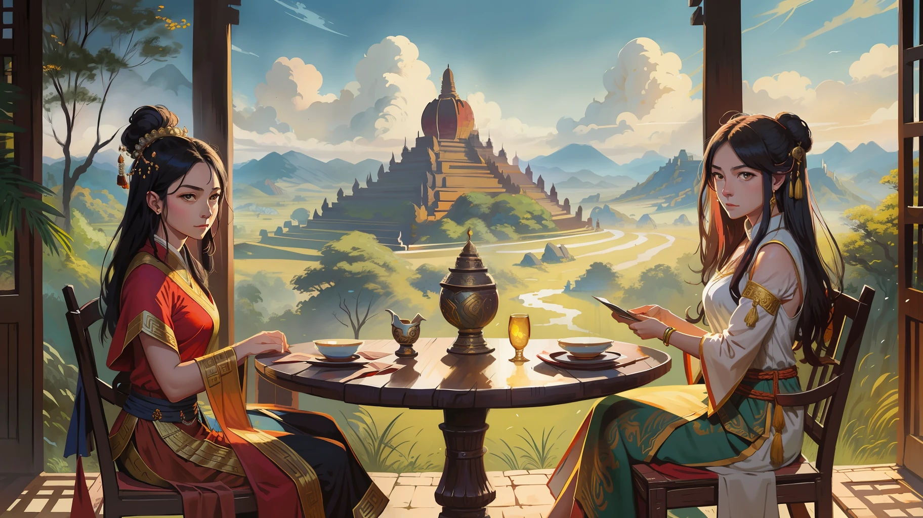 ancient bURMESEmythology, traditional style, greg rutkowski, bashful queen, isekai fantasy, wuxia genre, sitting at a table, (highly stylized artstyle), landscape, pagodas, Bagan, Myanmar