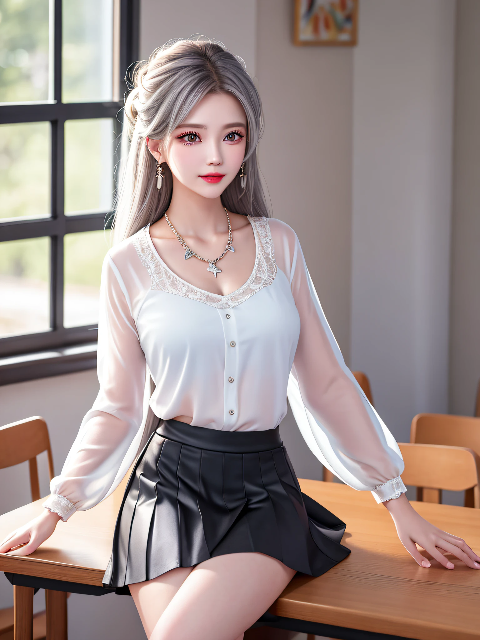 Female teacher crossing legs on classroom chair v6, necklace, earrings, full body v6, long gray hair, translucent clothes, visible, superb, ultra high definition, RAW photo, realism 1.25), (bright lip gloss, long eyelashes, smooth) face, bright skin, natural shadows, wide light, wide light, depth of field, strong color, subtle caustics: 0.8), smile, (big), v6, ( White sheer blouse, black tight skirt))