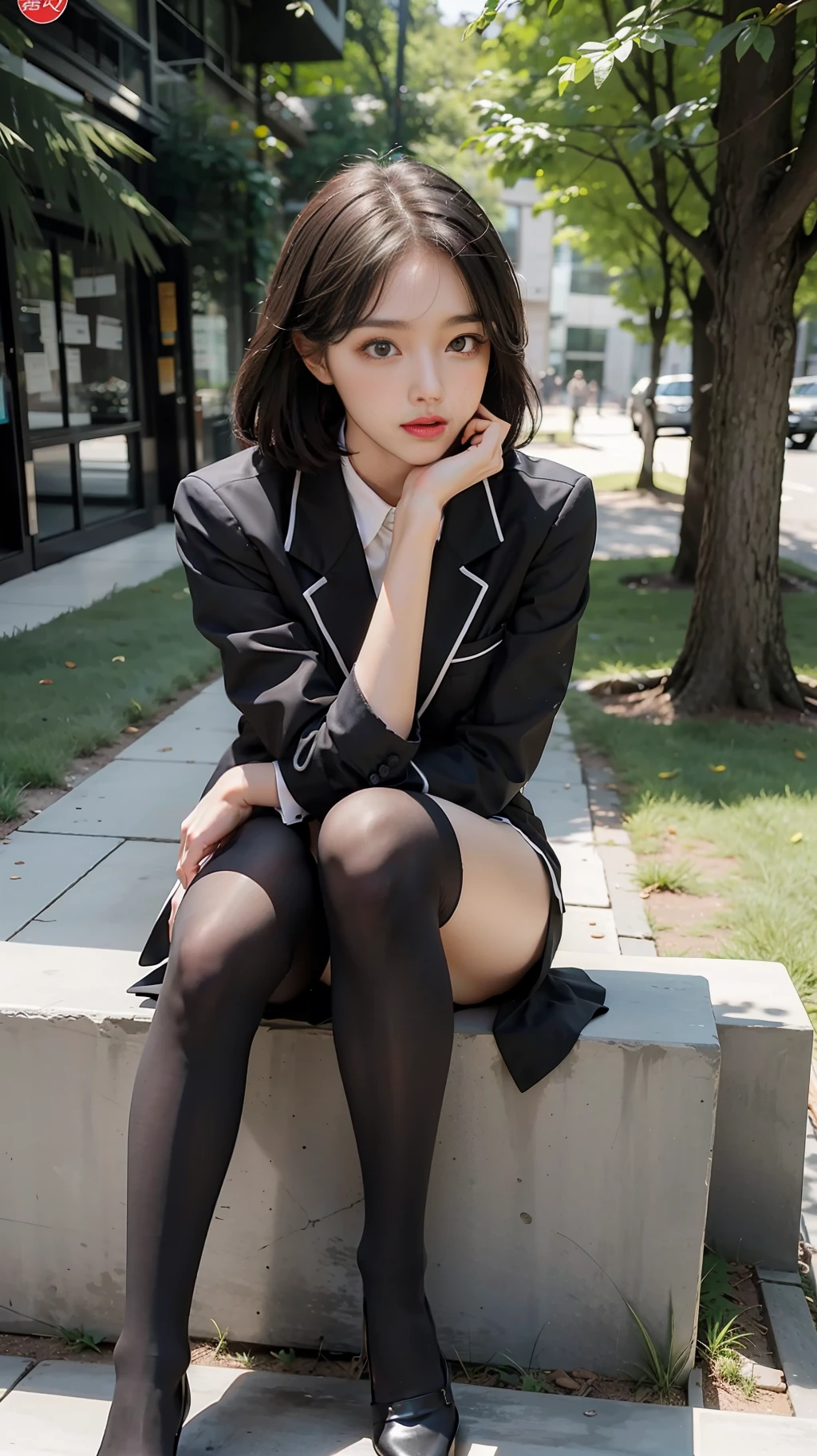 Best quality, full body portrait, delicate face, pretty face, 25 year old woman, slim figure, small bust, OL uniform, office clothes, black stockings, outdoor scene, sitting position