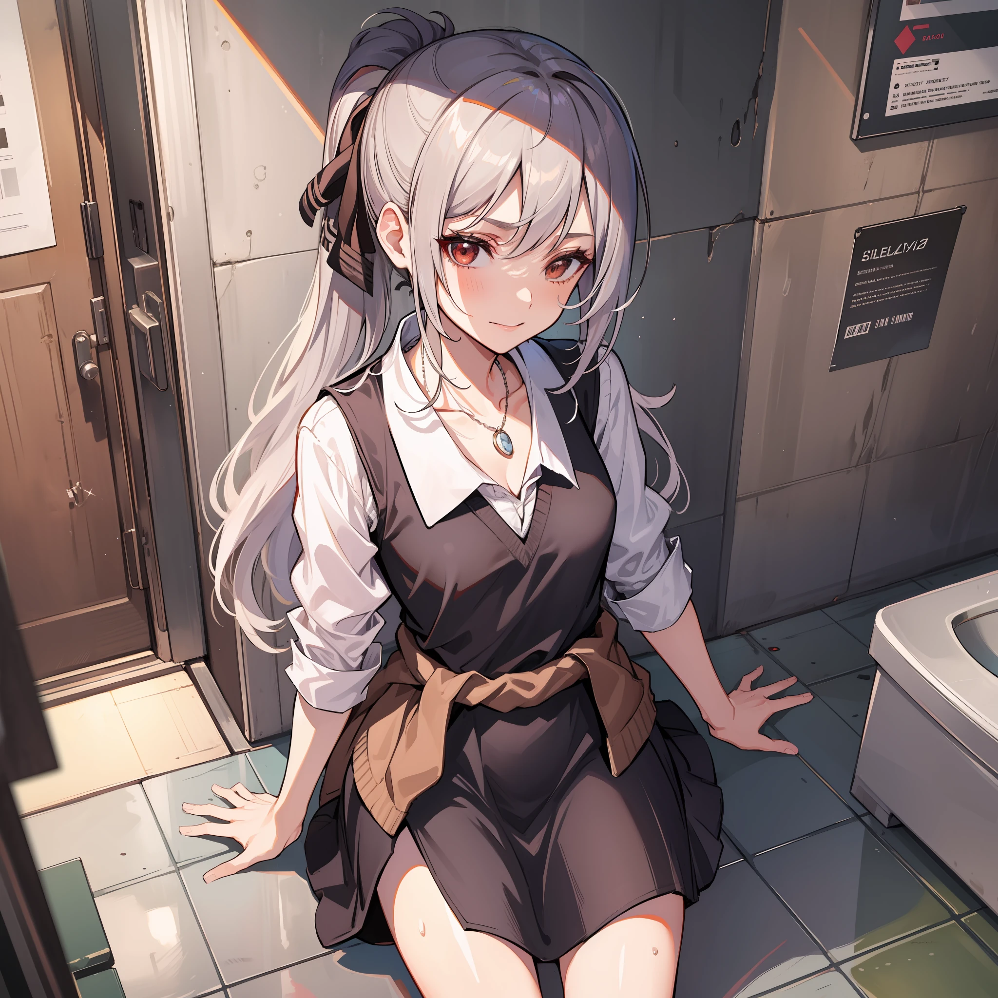 (Name), ((Best Quality)), (Super Detail), 1 Girl, Silver hair, Ponytail, School, Toilet, Urinal, Dark, Garbage, Graffiti, Dirty, Cracked walls, Cracked floor, Open legs, Red panties, Brown eyes, , Gerter belt, Sweat, Wet body, Sheer uniform, Chest, School uniform, Collared shirt, Hair, Clothes around the waist, Bangs, Black socks, Black vest, Long hair, Long sleeves, Cardigan, Side lock, Knee high, Dress shirt, Necklace, Clavicle, Black dress, Jewelry, Sweater, evil smile, Bangs, Small breasts, cleavage, Perfect hands, Hand details, Fixed fingers, looking_al_Viewer, Top quality, Rich detail, Perfect image quality,