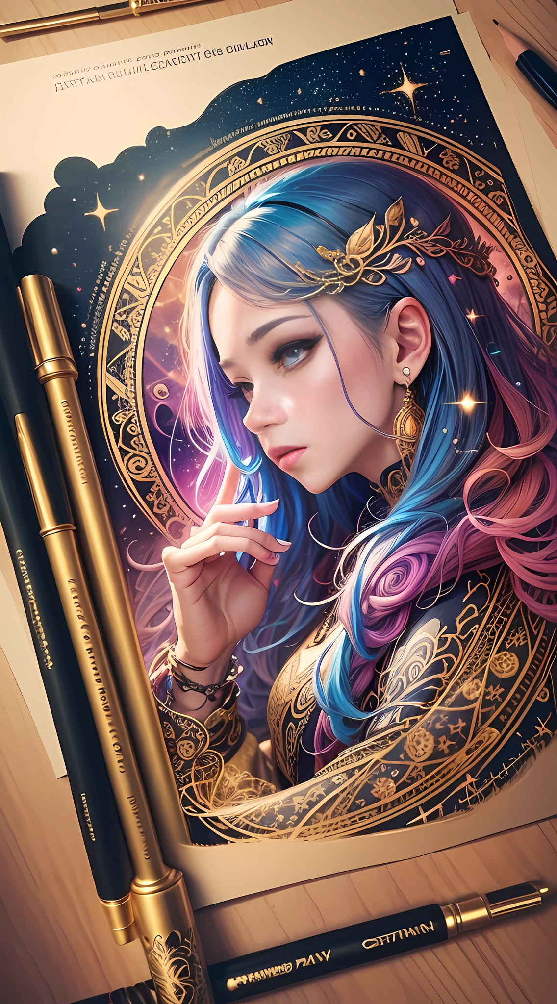 PerfectNwsjMajic,(masterpiece, top quality, best quality, official art, beautiful and aesthetic:1.2), (1girl), extreme detailed,colorful,highest detailed, official art, unity 8k wallpaper, ultra detailed, beautiful and aesthetic, beautiful, masterpiece, best quality, (zentangle, mandala, tangle, entangle) ,holy light,gold foil,gold leaf art,glitter drawing, --auto --s2