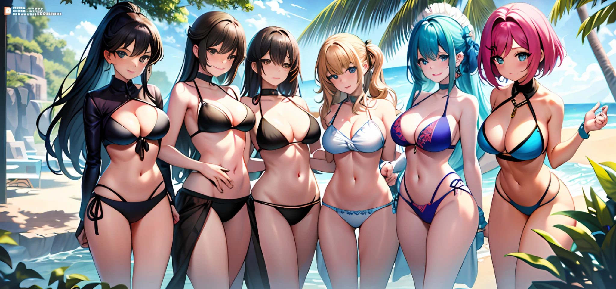 {{{masterpiece}}}, {{{{{official art}}}}}, ((best quality)), many womans, group shot, bikini, colorful,