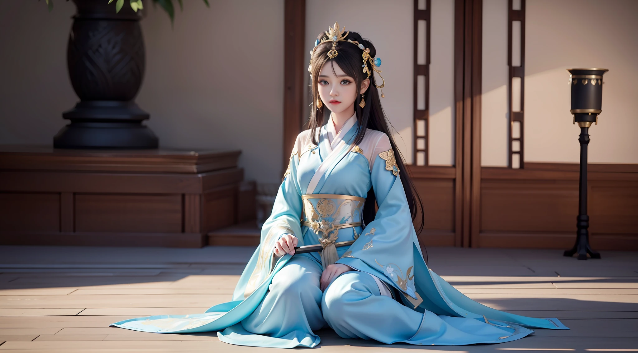 Woman with Sword in Costume, Palace, Girl in Hanfu, Inspired by Beautiful Fantasy Queen Du Qiong, ((Beautiful Fantasy Queen)), Full Body Immortal, Inspired by Lan Ying, 8k High Quality Detail Art, by Yang J, popular on CGSTATION, 3d rendered character art 8 k