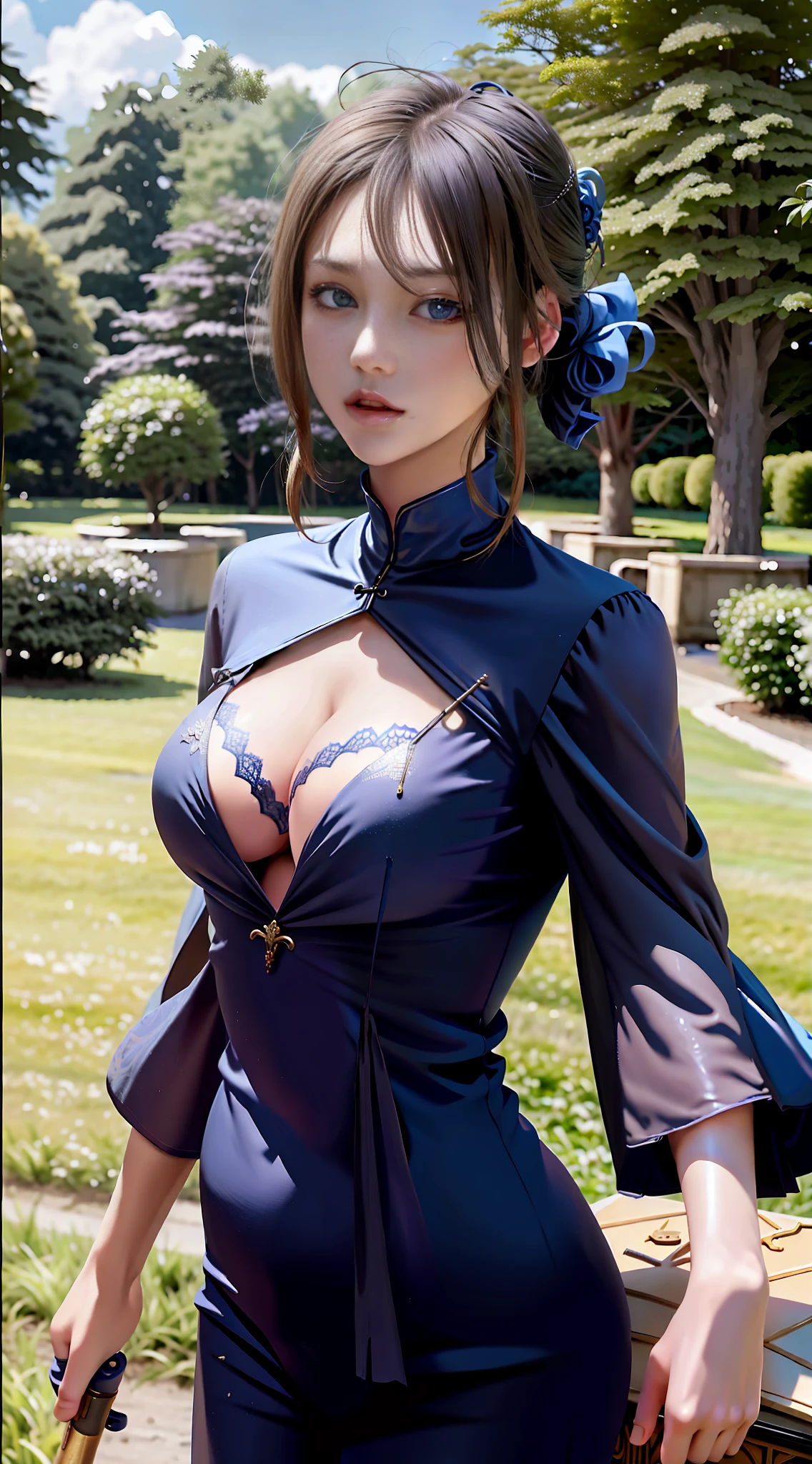 sexy woman in blue dress posing in a park with a gun, elegant glamourous cosplay, beautiful alluring anime woman, amouranth, wonderful, anime girl cosplay, japanese goddess, better known as amouranth, imperial royal elegant clothing, beautiful maiden, seductive anime girl, victorian blue dress, blue corset, in a blue qipao, ornate cosplay, anime cosplay, nude