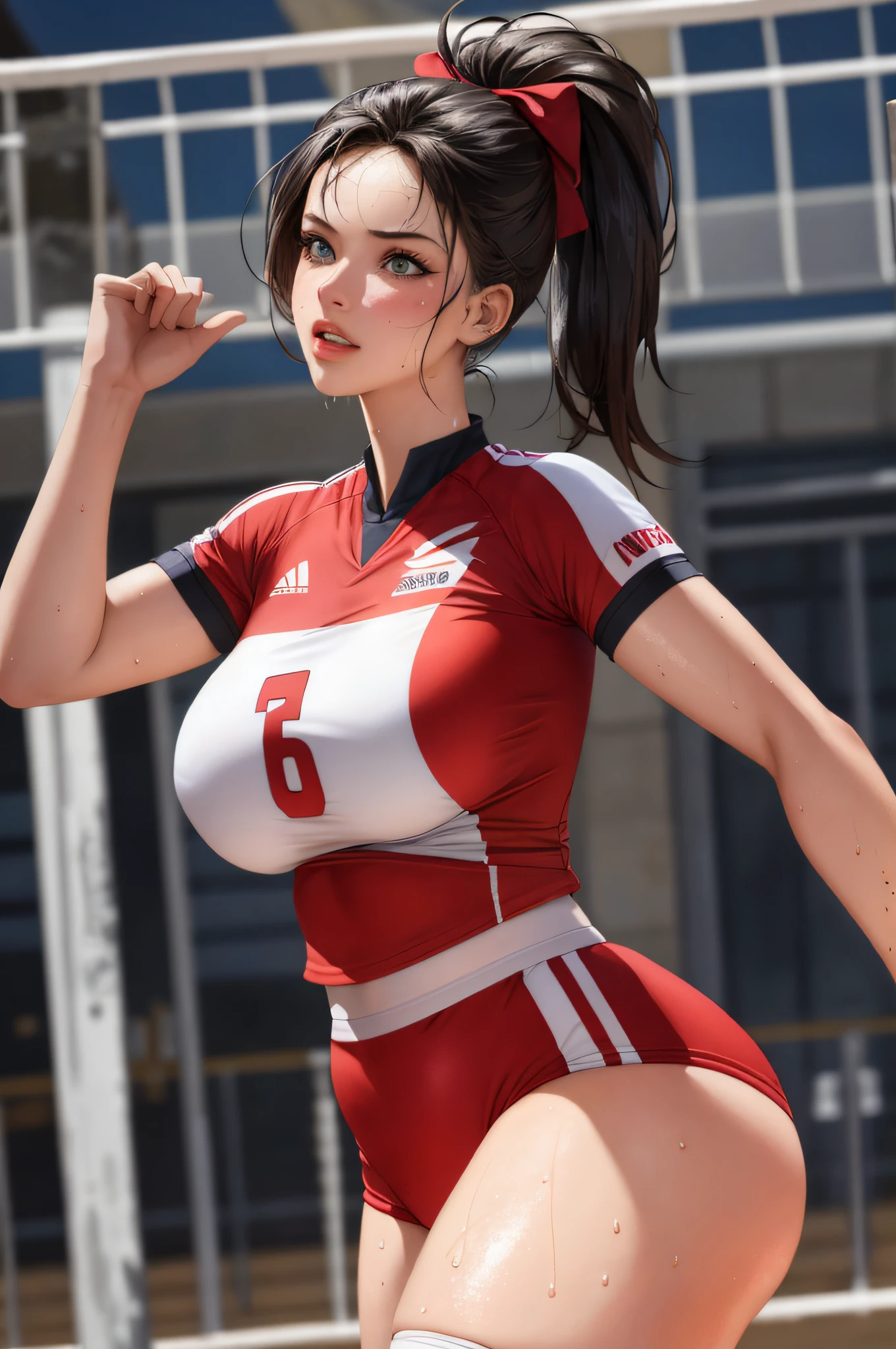 Masterpiece: 1.2, Best Quality), Realism, (Real Pictures, Intricate Details, Depth of Field), (1girl, Solo), Makeup, Lips Parting, High Detail, Perfect Face, (Huge Tits: 1.4), (Skindentation), Thick Thighs, Wide Buttocks, Thin Waist, Tall, Coral Lips, Blue Eyes, Ponytail, (Girl Playing Volleyball, Red Volleyball Uniform), (Sweating: 1.2), (Wet), Sexy, Blushing,