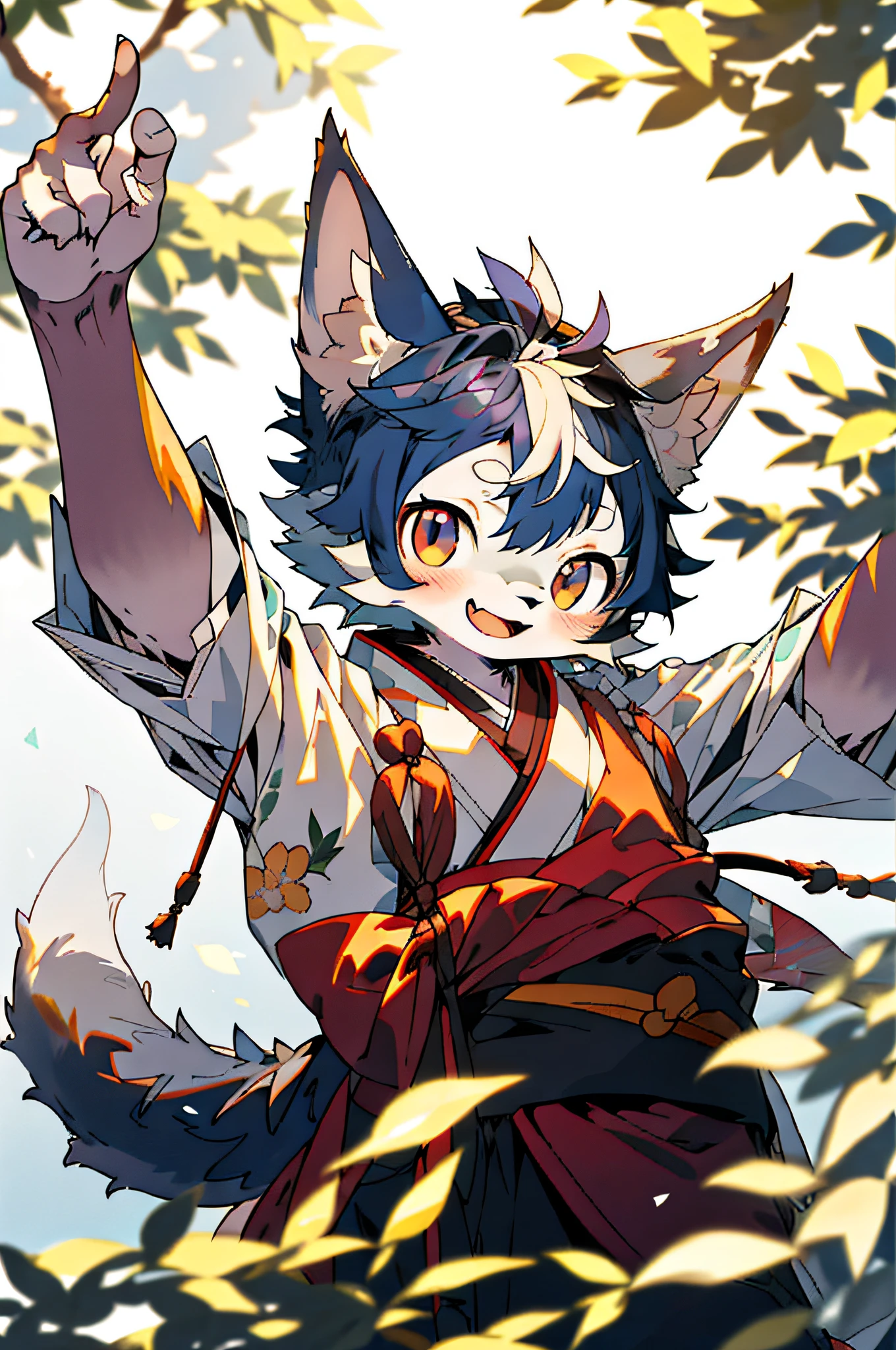 Depth of field, perfect lighting, light particles, (best quality), (masterpiece), (super detailed), sharp focus, light particles, niji, eyesgod, blush, brown_eyes, looking_at_viewer, smile, solo, furry, animal_ear_fluff, open_clothes, arms back, upper body, tail, kimono, japanese clothing, sunlight, tree, open mouth, from below, arms back, navy blue hair, white ears, purplish red eyes
