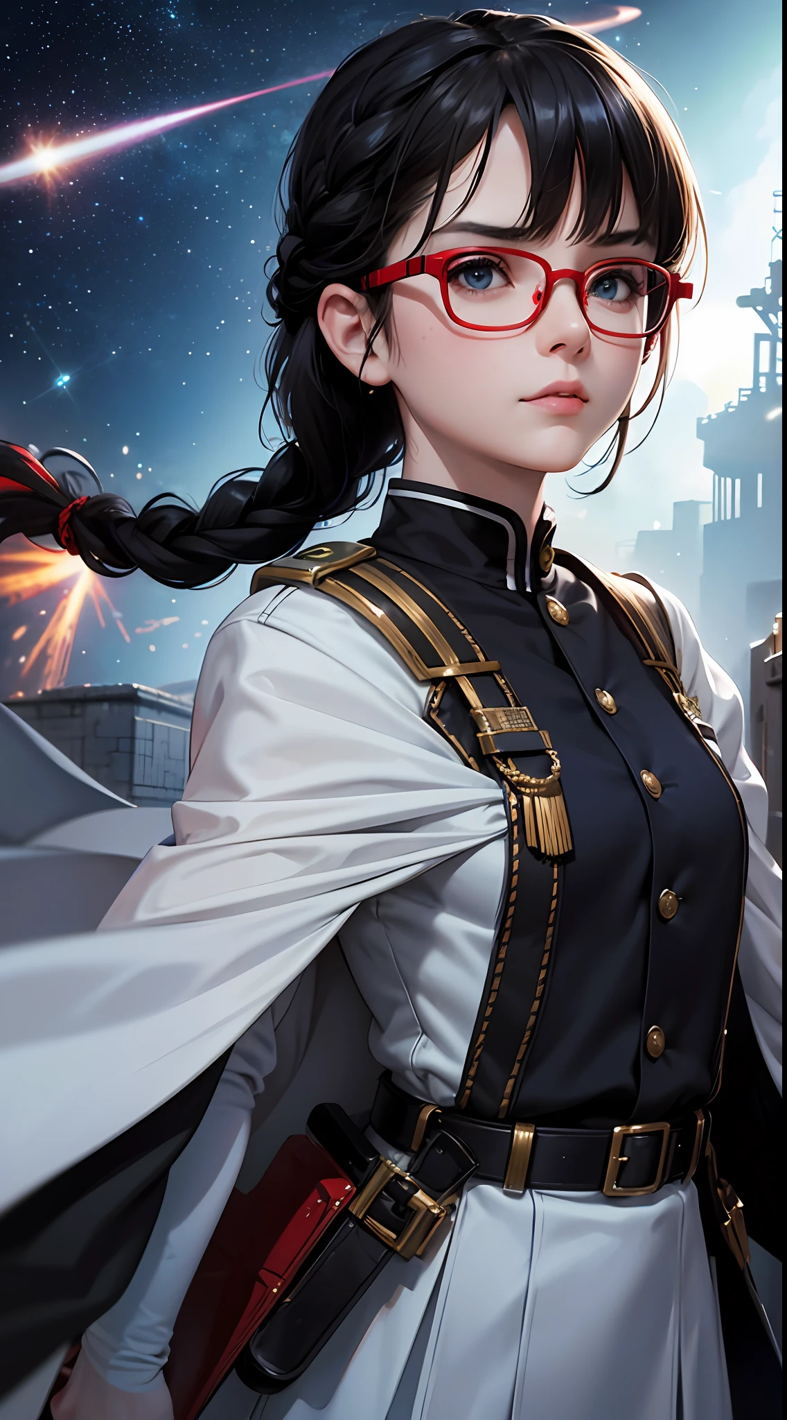 Movie Poster,((Braid Hairstyle : 1.5)),Anime Reference 86 ,Science Fiction,Sci-Fi,Movies,War Action Movies,Space,Atmosphere,Sky,Battleship,Multiple Characters,Women,Adults,Green Eyes,Black Hair,(Pia bangs hairstyle) : 1.8 ),(Red Glasses),General Uniform,White Commander Uniform,Serious Face Frowning,Realistic Face Detail,Realism,3D Face,