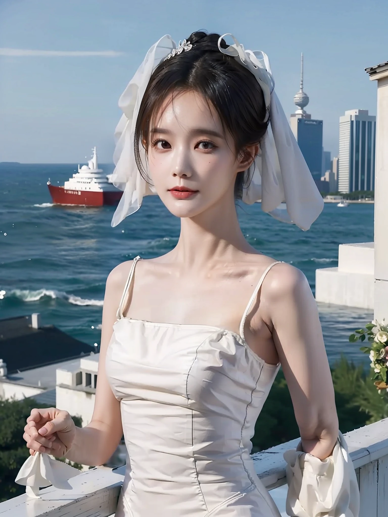 nfsw, ultrahigh details, 1girl, solo, She wore a white dress, Stand on the roof, complete body, Clear and delicate facial features, Delicate eyes, masterpiece