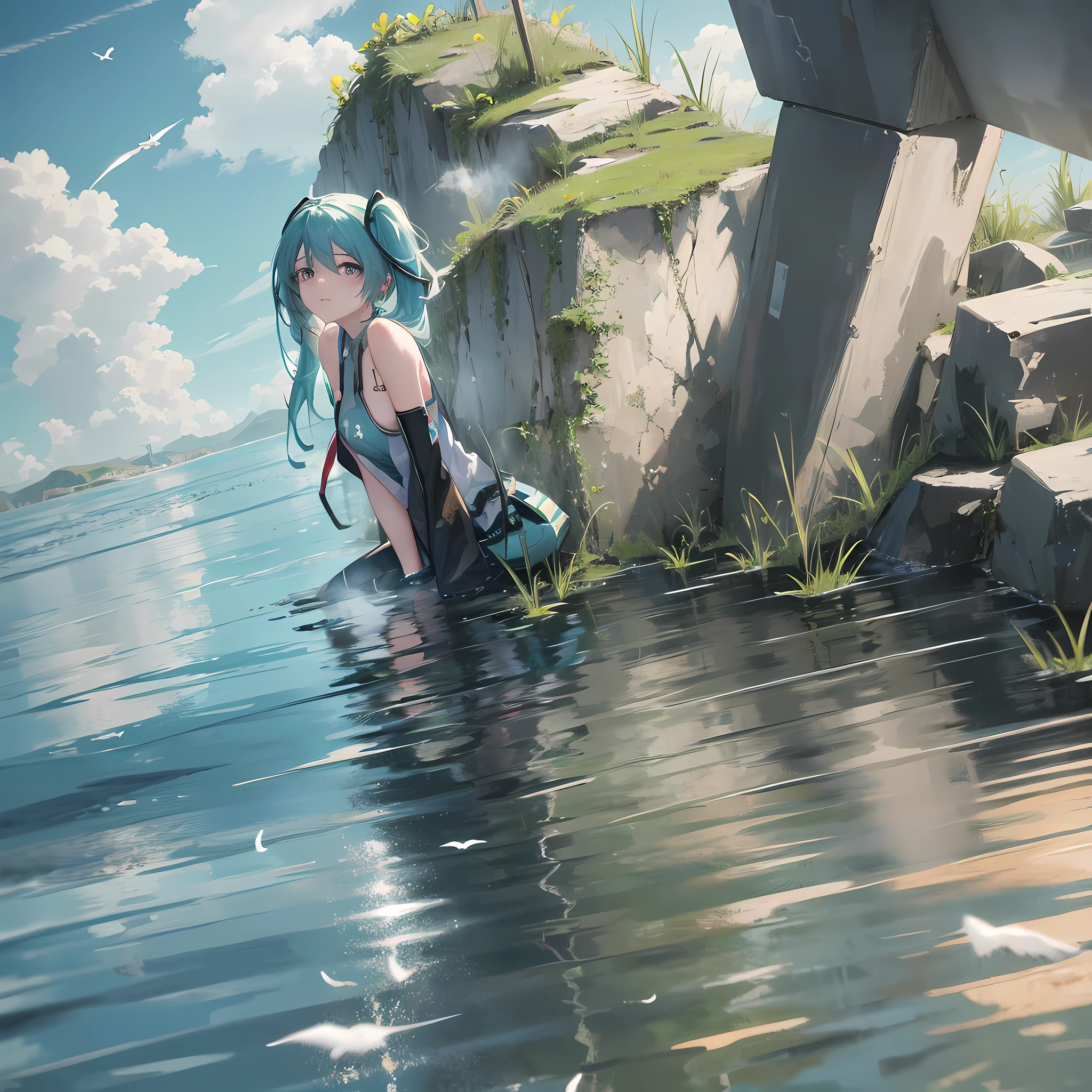 hatsune miraku, sitting, front view, wide angle, looking at the viewer, on the clouds, clouds, detailed birds, detailed appearance, octane renderer, realistic 3D, sunlight, actual rendering, screen space reflection, ssao, water reflection, underground scattering, edge lighting