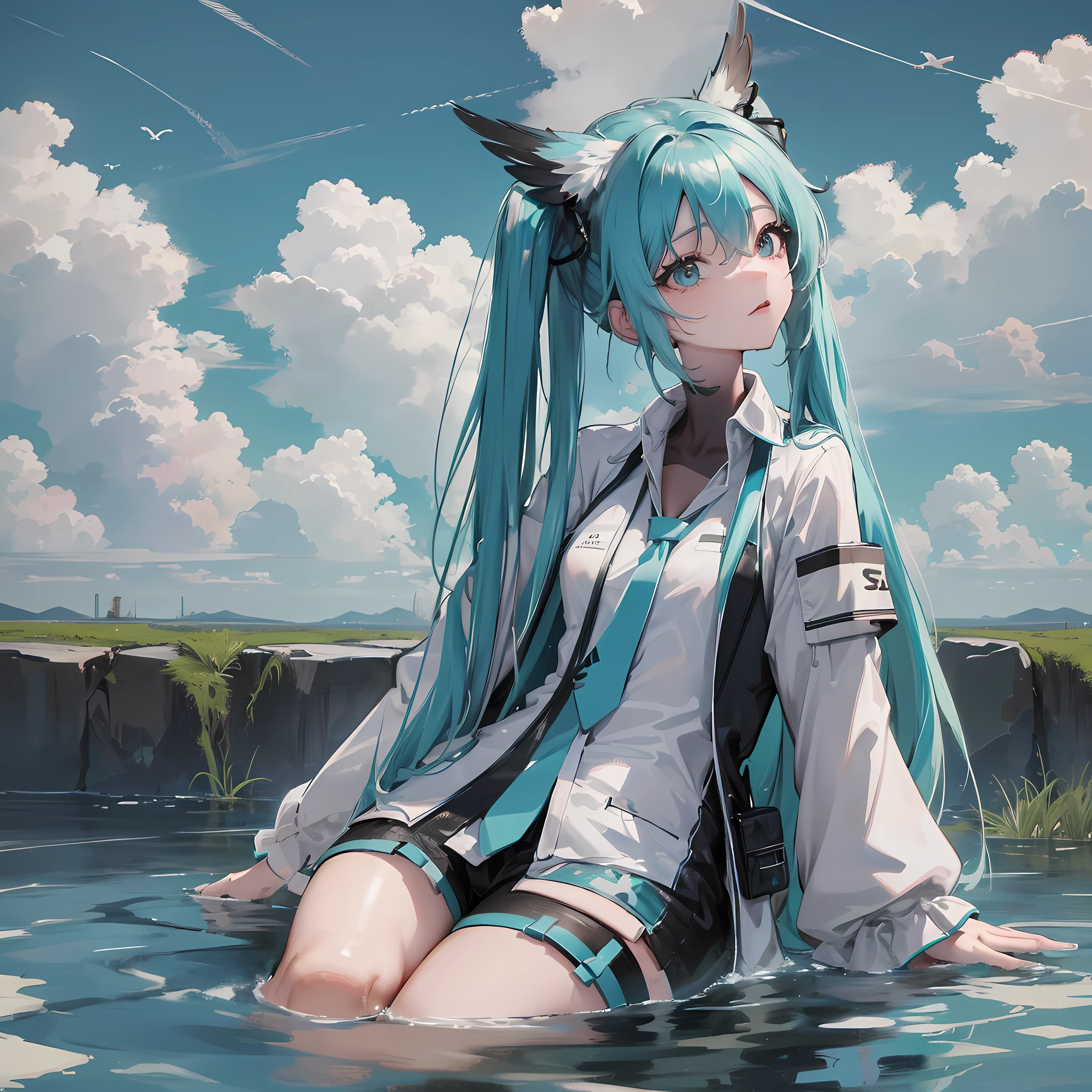 hatsune miraku, sitting, front view, wide angle, looking at the viewer, on the clouds, clouds, detailed birds, detailed appearance, octane renderer, realistic 3D, sunlight, actual rendering, screen space reflection, ssao, water reflection, underground scattering, edge lighting