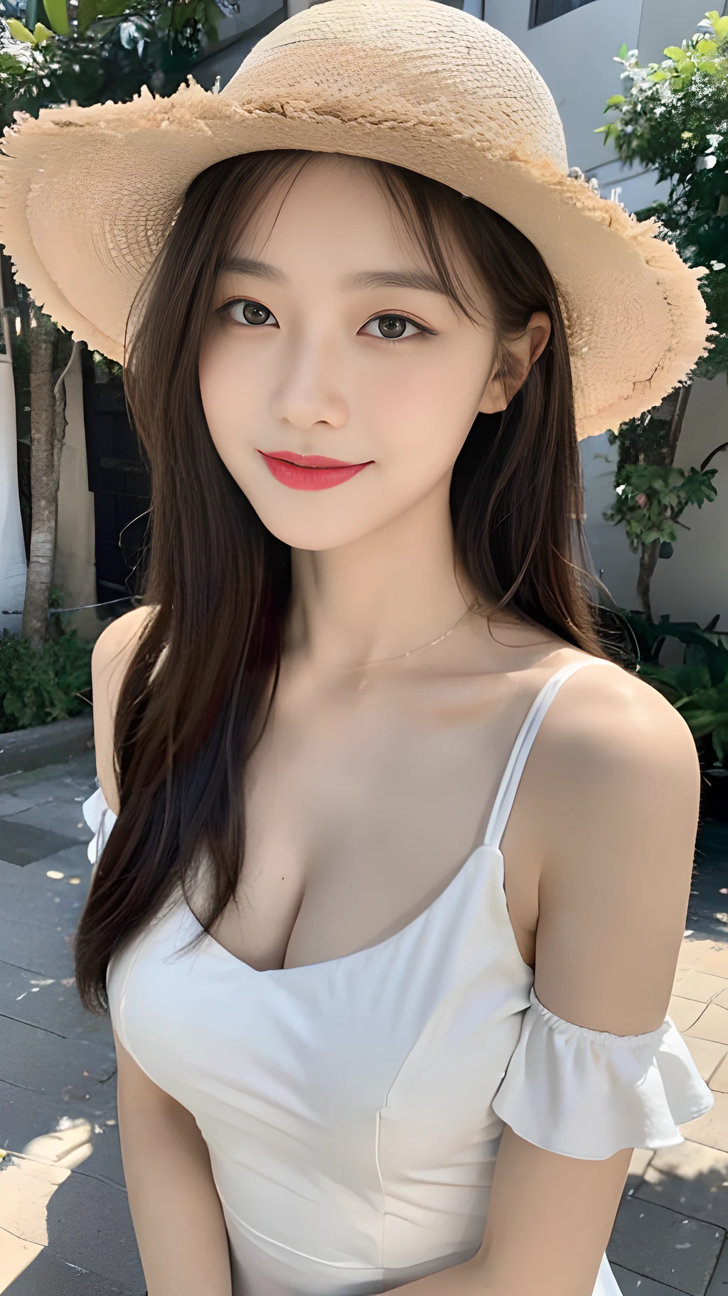 ((Best Quality, 8K, Masterpiece: 1.3)), (Straw Hat: 1.3), Focus: 1.2, Perfect Body Beauty: 1.4, Buttocks: 1.2, (Layered Haircut: 1.2), (Dark Street: 1.3), Highly Detailed Face and Skin Texture, Full Body, Fine Eyes, Double Eyelids, Whitened Skin, Long Hair, (Round Face: 1.5), (Touch-Chest Dress: 1.6). smile