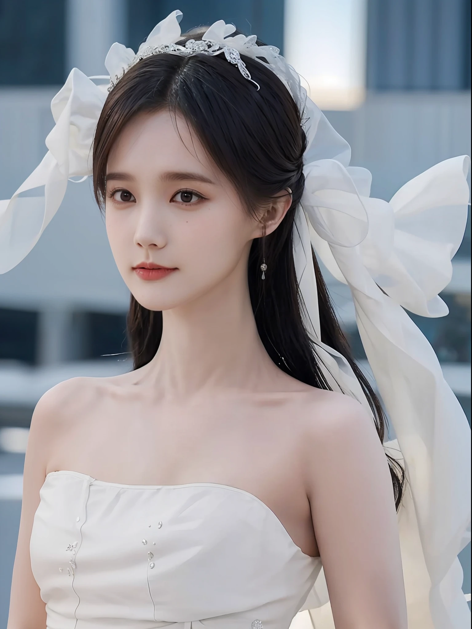 A woman stands on the rooftop，She wore a white dress，complete body，{Clear and delicate facial features}，{Delicate eyes}，of the best quality，Unlimited details，maximum quality，Highres，4K，cinematic light