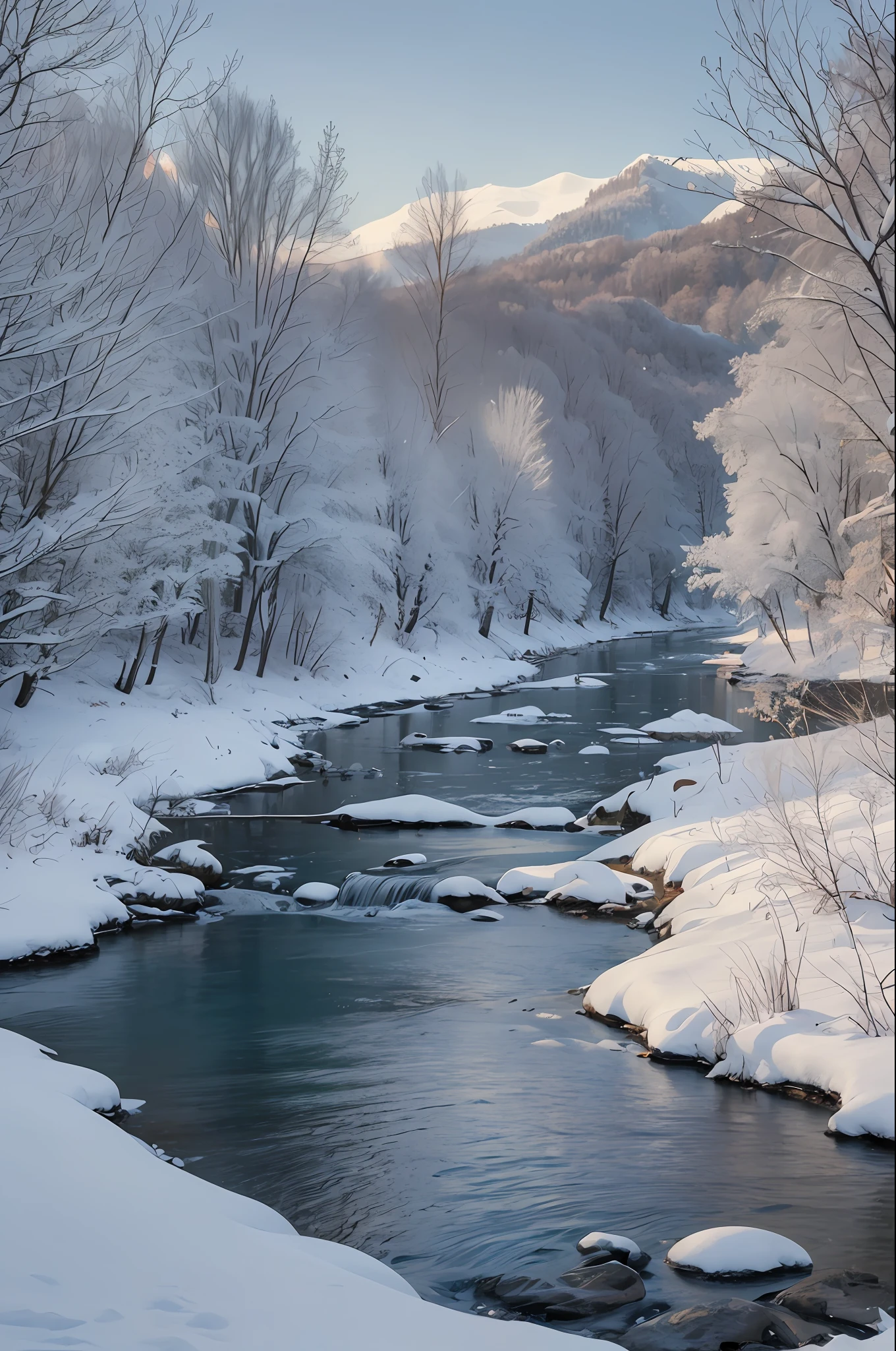 snowy landscape with a river and trees in the middle of it, winter scene fantasy, background artwork, snowy landscape, winter concept art, snowy environment, beautiful snowy landscape, snow landscape, snow landscape background, 4k highly detailed digital art, 8k high quality detailed art, cold snowy, surreal frozen landscape, winter landscape, mystic winter landscape, 4k hd matte digital painting --auto --s2