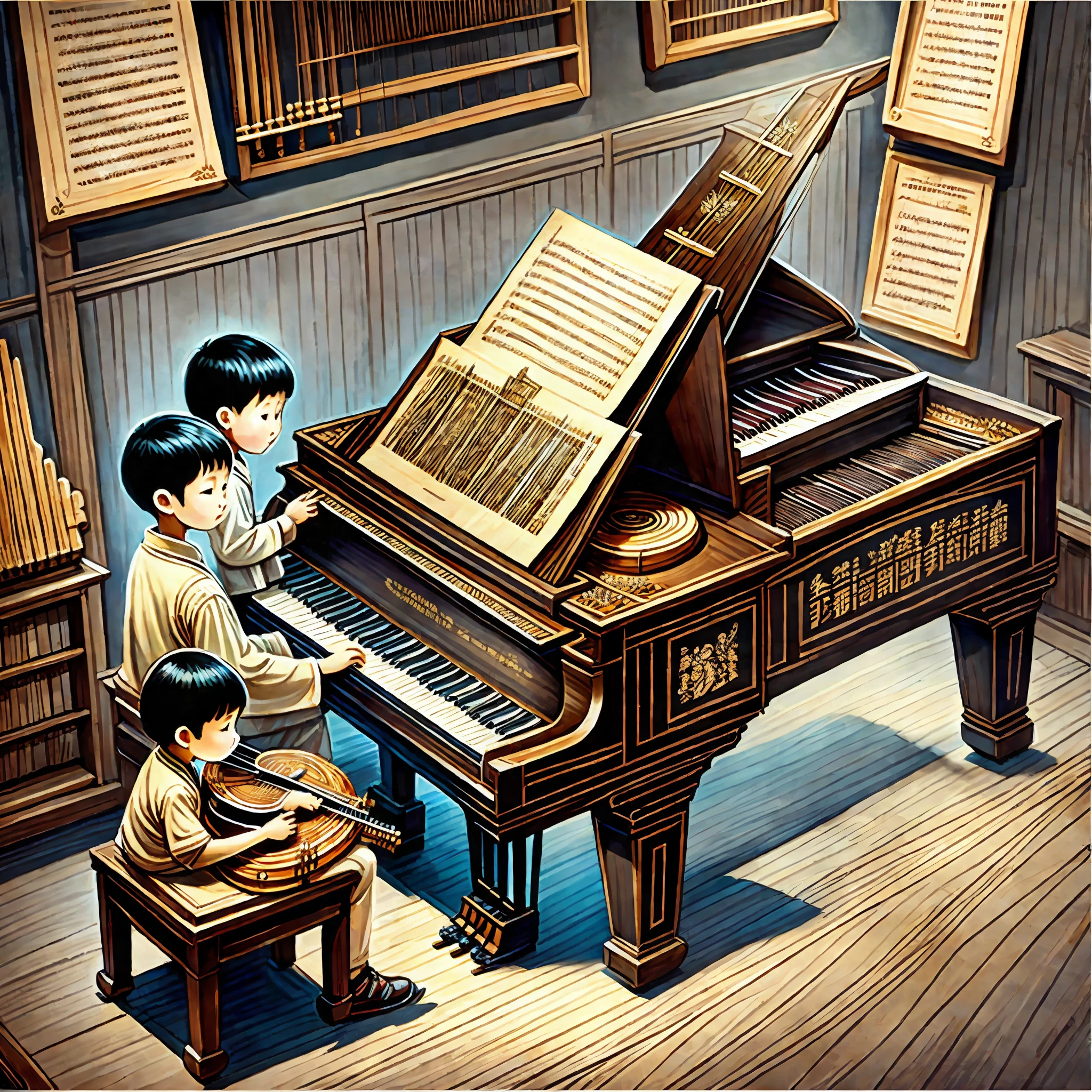 Piano shop poster, guzheng, flute, piano, children's singing (best creation) --auto --s2