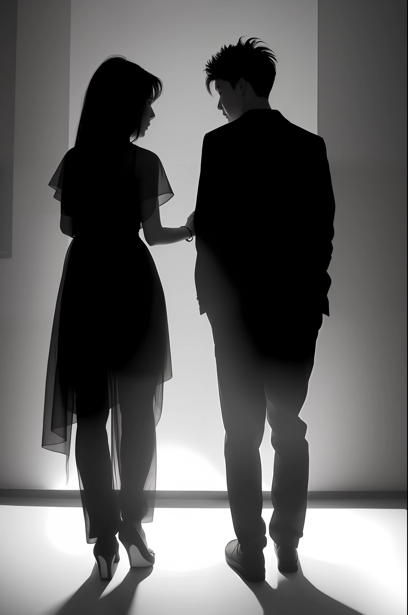 boy and girl silhouette, body rear facing each other