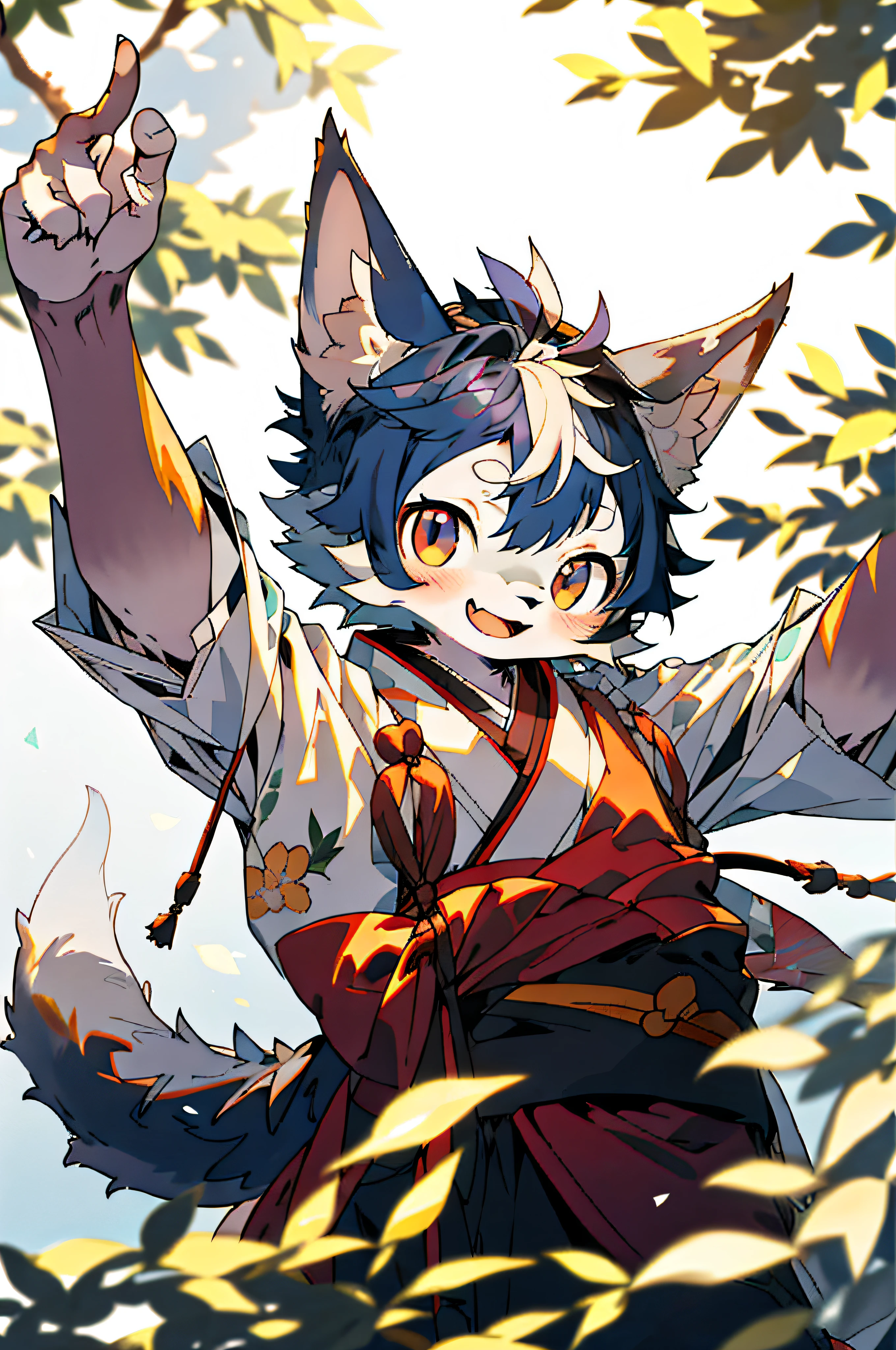 Depth of field, perfect lighting, light particles, (best quality), (masterpiece), (super detailed), sharp focus, light particles, niji, eyesgod, blush, brown_eyes, looking_at_viewer, smile, solo, furry, animal_ear_fluff, open_clothes, arms back, upper body, tail, kimono, japanese clothing, sunlight, tree, open mouth, from below, arms back, navy blue hair, white ears, purplish red eyes