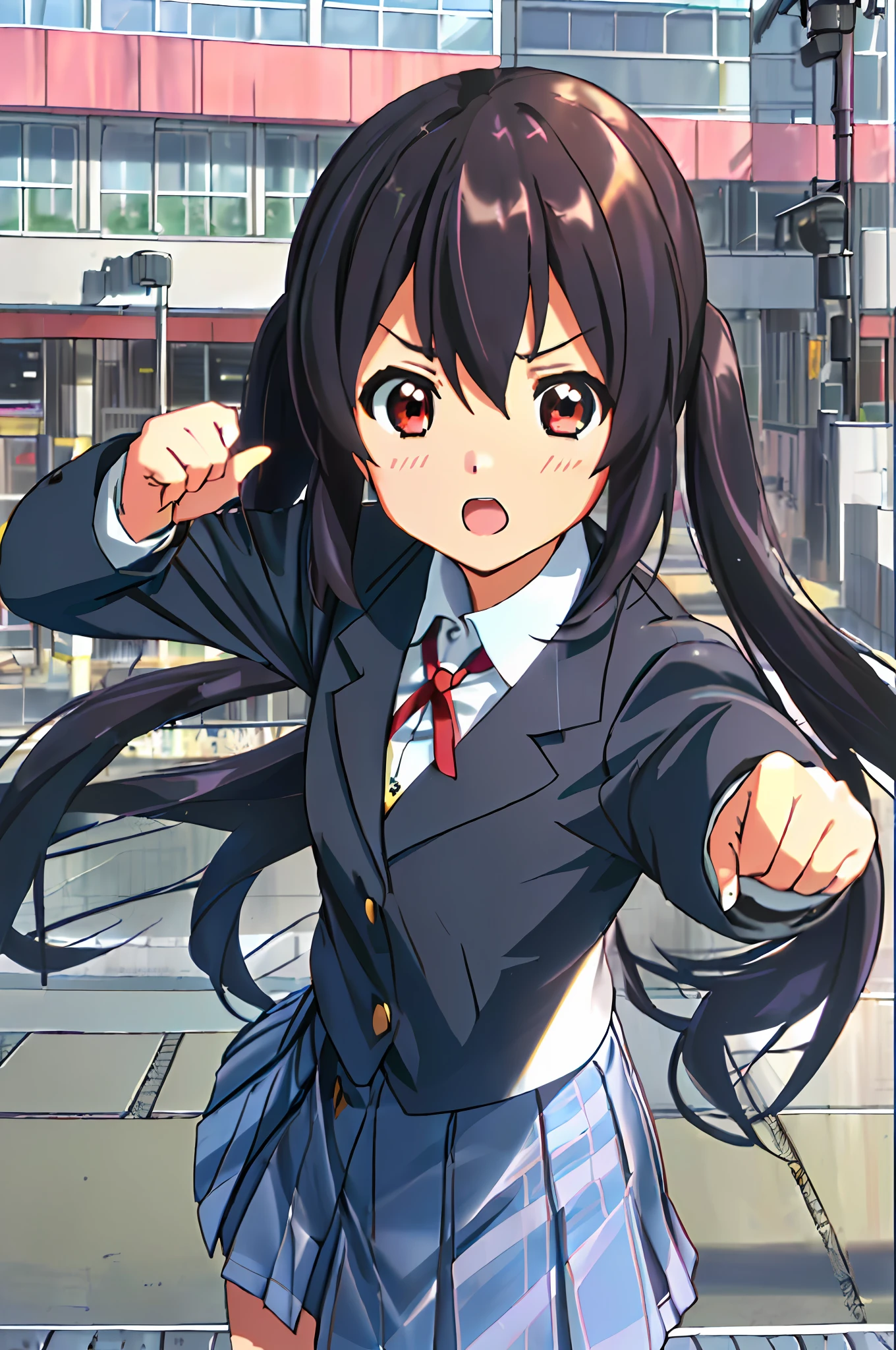 1girl, ((((Masterpiece))), Best Quality, Best Quality, High Detail, Azusa Nakano, 1girl, Sakuragaoka High School Uniform, Musical Instrument, School Uniform, Twin Tails, Long Hair, Black Hair, Brown Eyes, Solo, Red, Dark blue blazer with a thin ribbon of red, Solid white button shirt under blazer, Illustration, Cartoon, Soothing tones, Muted colors, Soft cinematic light, Adobe Lightroom, Photo Lab, HDR, complex and highly detailed, (((depth of field))))). (((Masterpiece))). (((highest quality))).) ((super detail))). (((Illustration))). (((Outside))). (((fighting stance))).,((((Giantization))).dynamic focus.small breasts. (((skyscrapers))). (((Cityscape))). (((Face of sadness))). open mouth.