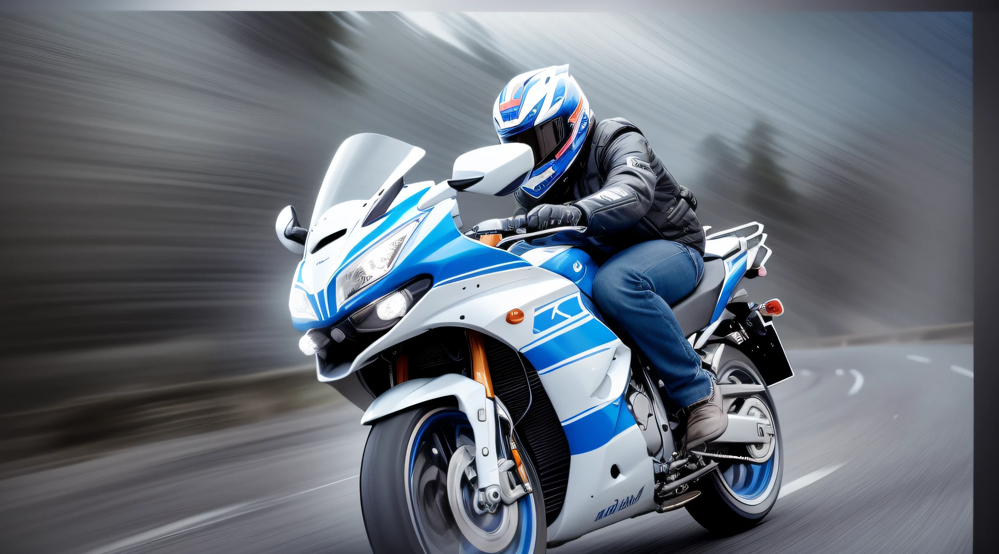 [Illustration storyboard] comic page, there are multiple pictures on one page: a Chinese man riding a blue and white motorcycle, driving on a road between mountains and forests (back, driver's perspective), (GoPro, f/2.8, motion blur, diffuse backlight). [Multi-angle continuous shooting] in Nicolas Bouvier's style, cobalt blue and reflective silver, motion picture film P30, split composition
