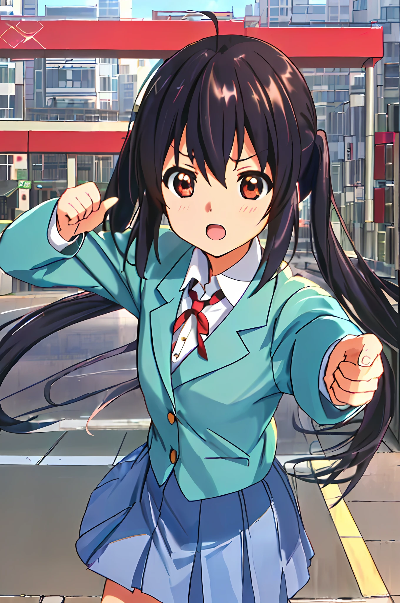 1girl, ((((Masterpiece))), Best Quality, Best Quality, High Detail, Azusa Nakano, 1girl, Sakuragaoka High School Uniform, Musical Instrument, School Uniform, Twin Tails, Long Hair, Black Hair, Brown Eyes, Solo, Red, Dark blue blazer with a thin ribbon of red, Solid white button shirt under blazer, Illustration, Cartoon, Soothing tones, Muted colors, Soft cinematic light, Adobe Lightroom, Photo Lab, HDR, complex and highly detailed, (((depth of field))))). (((Masterpiece))). (((highest quality))).) ((super detail))). (((Illustration))). (((Outside))). (((fighting stance))).,((((Giantization))).dynamic focus.small breasts. (((skyscrapers))). (((Cityscape))). (((Face of sadness))). open mouth.