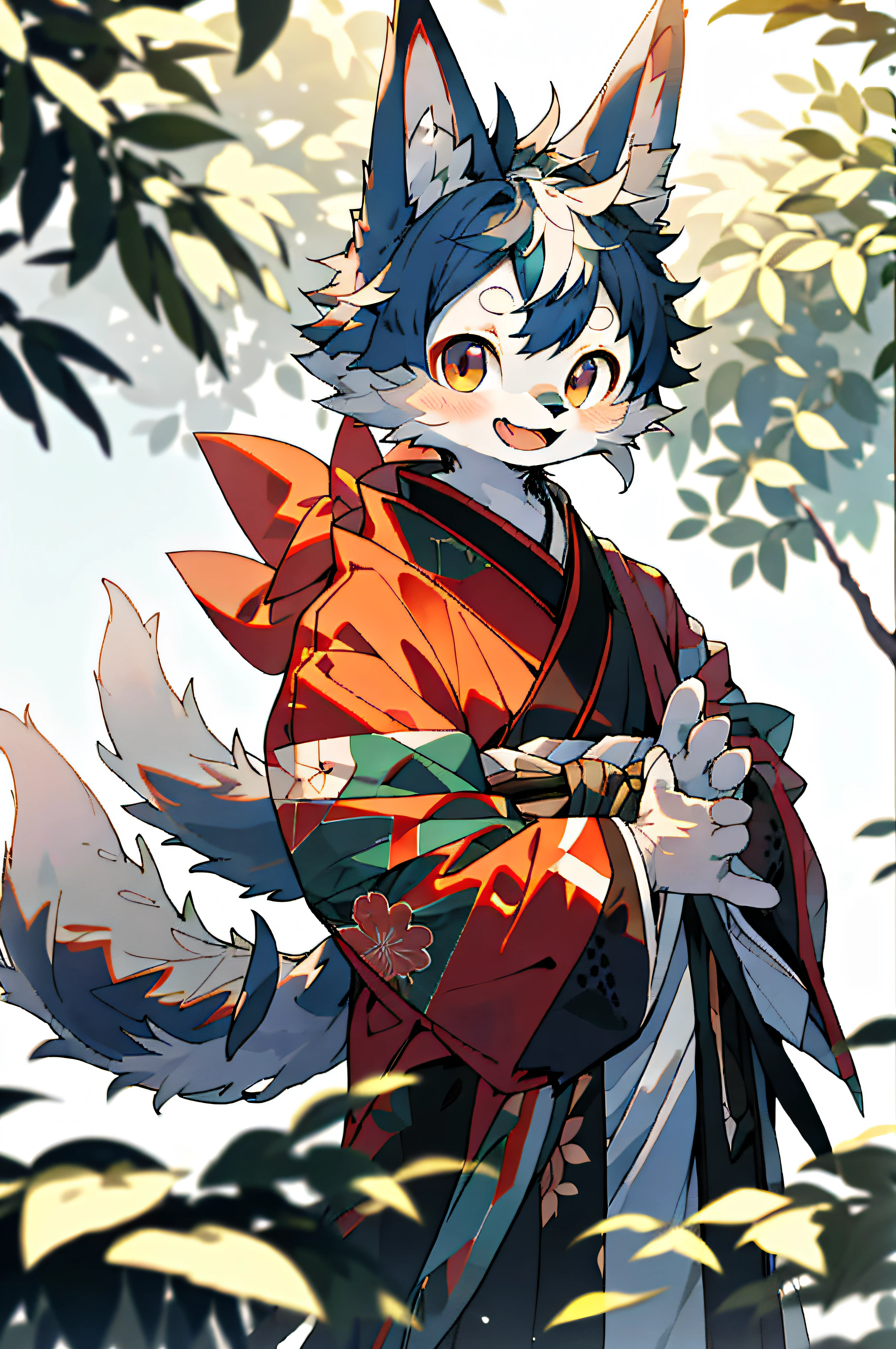 Depth of field, perfect lighting, light particles, (best quality), (masterpiece), (super detailed), sharp focus, light particles, niji, eyesgod, blush, brown_eyes, looking_at_viewer, smile, solo, furry, animal_ear_fluff, open_clothes, arms back, upper body, tail, kimono, japanese clothing, sunlight, tree, open mouth, from below, arms back, navy blue hair, white ears, purplish red eyes