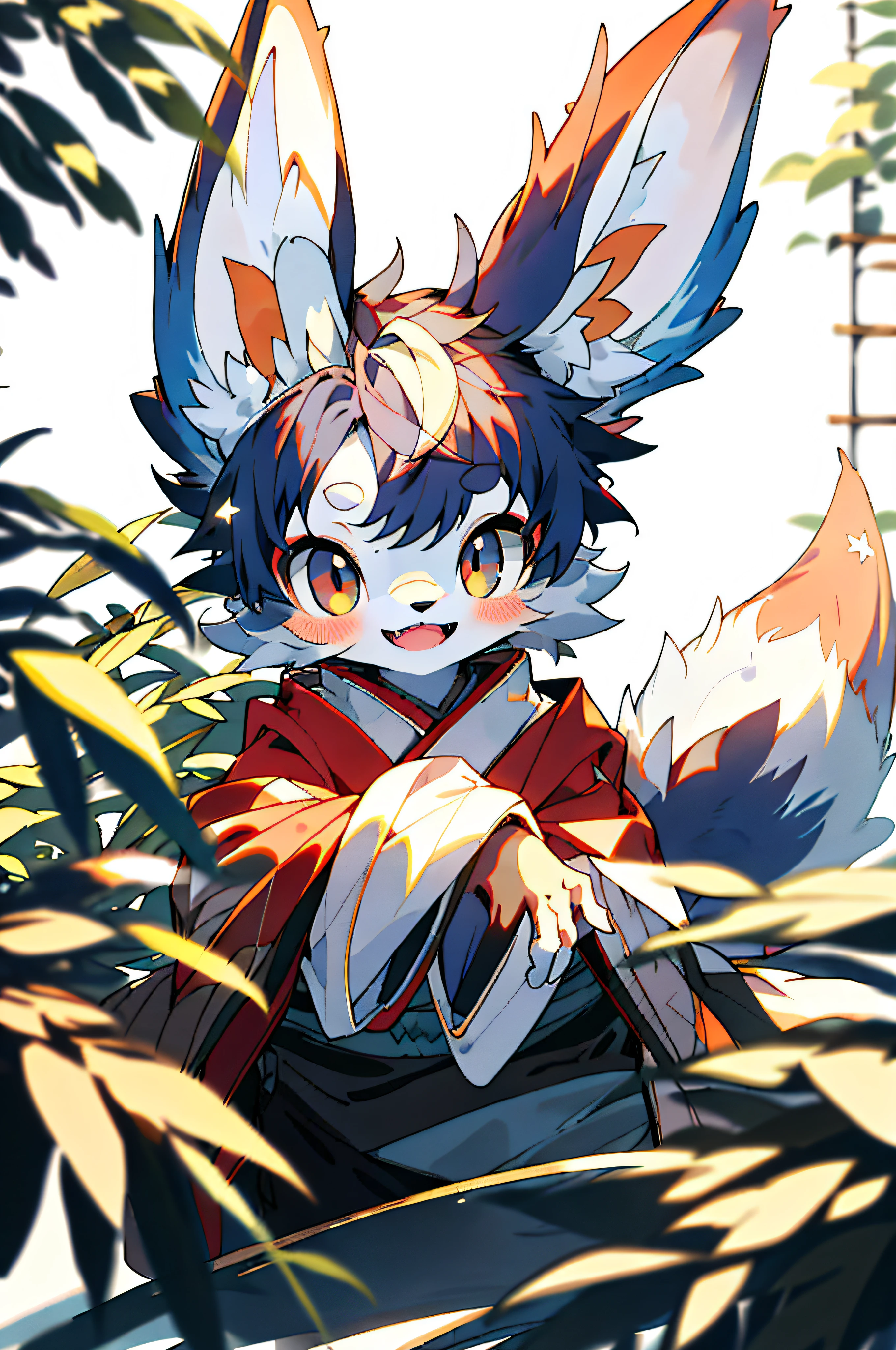 Depth of field, perfect lighting, light particles, (best quality), (masterpiece), (super detailed), sharp focus, light particles, niji, eyesgod, blush, brown_eyes, looking_at_viewer, smile, solo, furry, animal_ear_fluff, open_clothes, arms back, upper body, tail, kimono, japanese clothing, sunlight, tree, open mouth, from below, arms back, navy blue hair, white ears, purplish red eyes