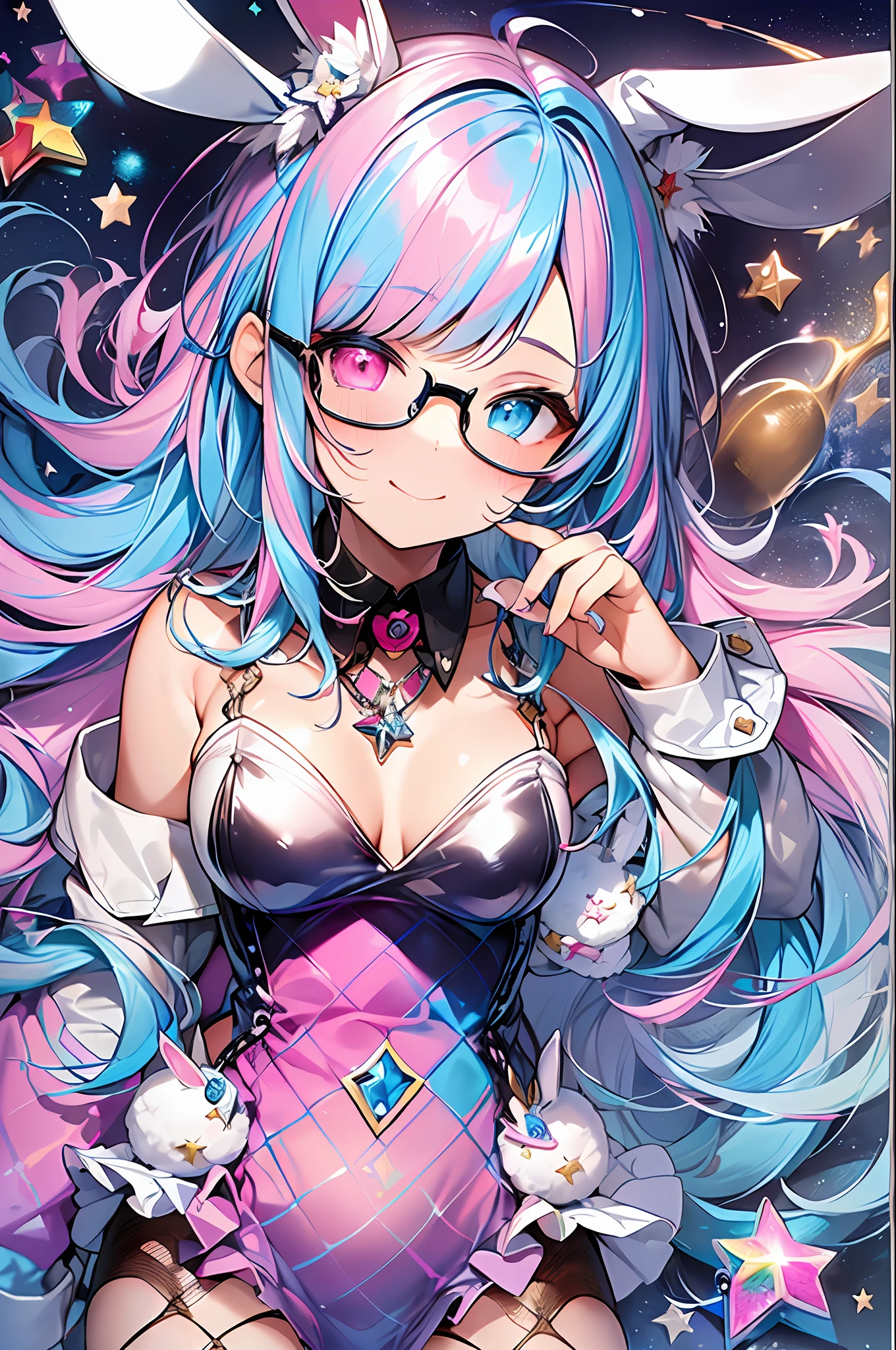 (Masterpiece, Highest Quality, Best Quality, Watercolor Art (Pendant), Official Art, Beautiful and Aesthetic, (1.3), (1 Girl: 1.3), (Fractal Art: 1.3), Full Body, Star-shaped Pupil, , Pattern, ((iridescent hair, colorful hair, half blue and half pink hair: 1.2)), Aqua, Liquid, Cloud, Colorful, Starry Night, Star, Smile, Glasses, Writing, Heterochromia, (Colorful: 1.5), galaxy, looking up at the stars, (((dressed as a bunny girl)), ((fishnet stockings))
