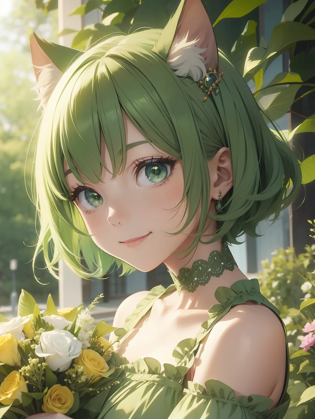 masterpice,highquality,catgirl,hold big bouquet,smilling, short green bob hair, green eyes,pastelcolor dress,Vivid colors. High image quality.