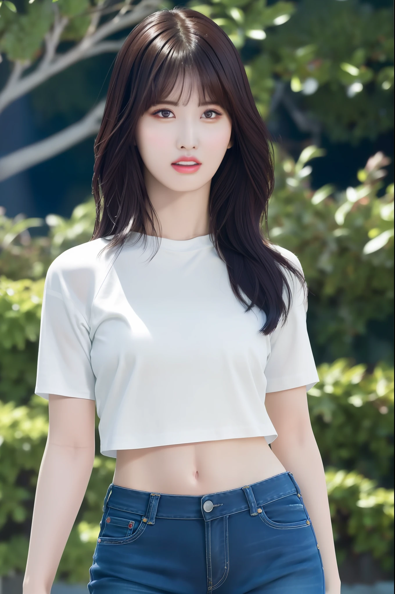 Momo,Eunha(close-up photo:1.2),(pov:1.1),korean, woman, portrait of beautiful woman, moody portrait, striking features, beauty, intricate details, dramatic composition, tension, contrast, texture, realism, high-quality rendering, stunning art, high quality, film grain, Fujifilm XT3,swirly bokeh,(realistic, photo-realistic:1.4),RAW photo,physically-based rendering,(looking at viewer:1.4),(8k, best quality, masterpiece:1.2),(full body shot:1.1),octane render,extremely detailed CG, unity 8k wallpaper,(studio soft light,sunlight:1.1),standing,hyper realistic detail shiny skin,ultra detailed,(ultra realistic:1.3),(intricate:1.2),(photorealistic:1.3),1girl,(skinny:1.3),detailed background, ink crop top tank and jeans short