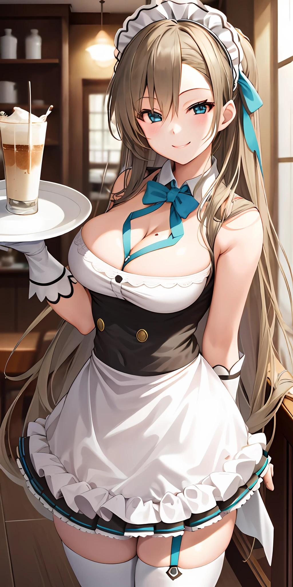 1girl, solo, asuna, long hair, large breasts, cleavage, thighs, smiling, (maid outfit), cafe background