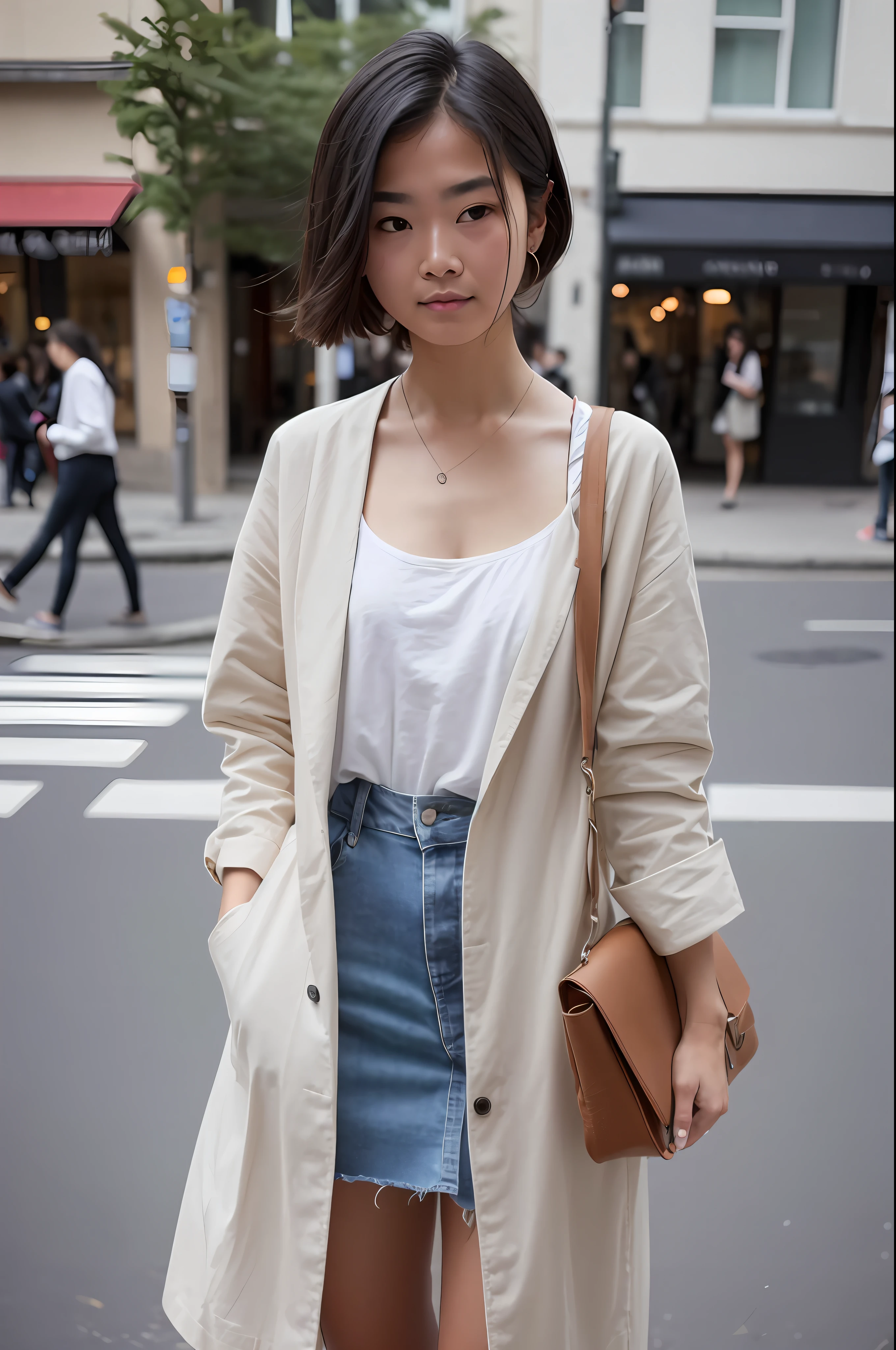 arafed woman in a white shirt and a tan coat is standing on a street corner, on the street, on the street, japanese city street fashion, dressed in a white t shirt, street outfit, wearing a long beige trench coat, she is wearing streetwear, shoulder - length, wearing a duster coat, woman in streetwear, outfit : jeans and white vest --auto --s2