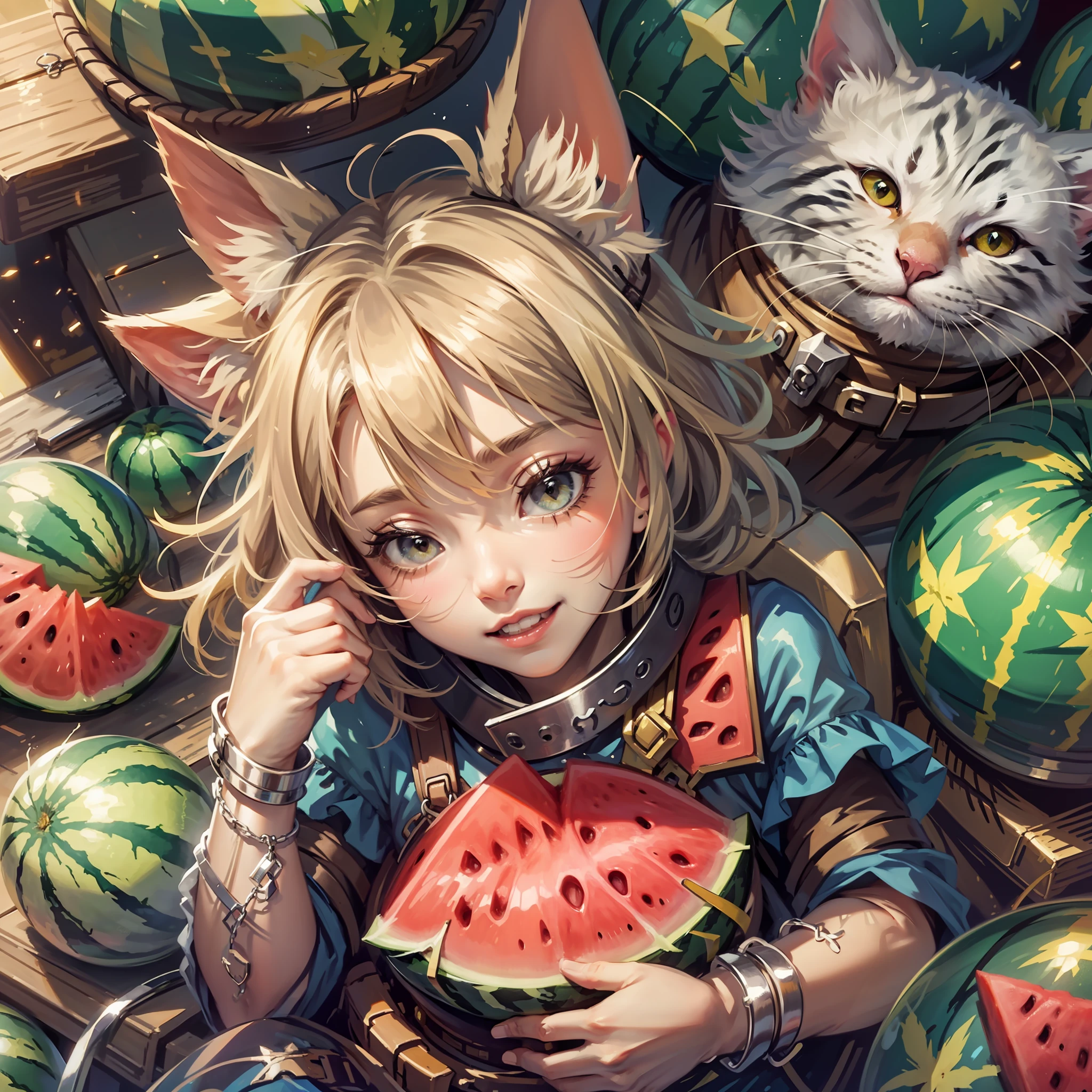 In summer, a kitten holds a watermelon and is happy