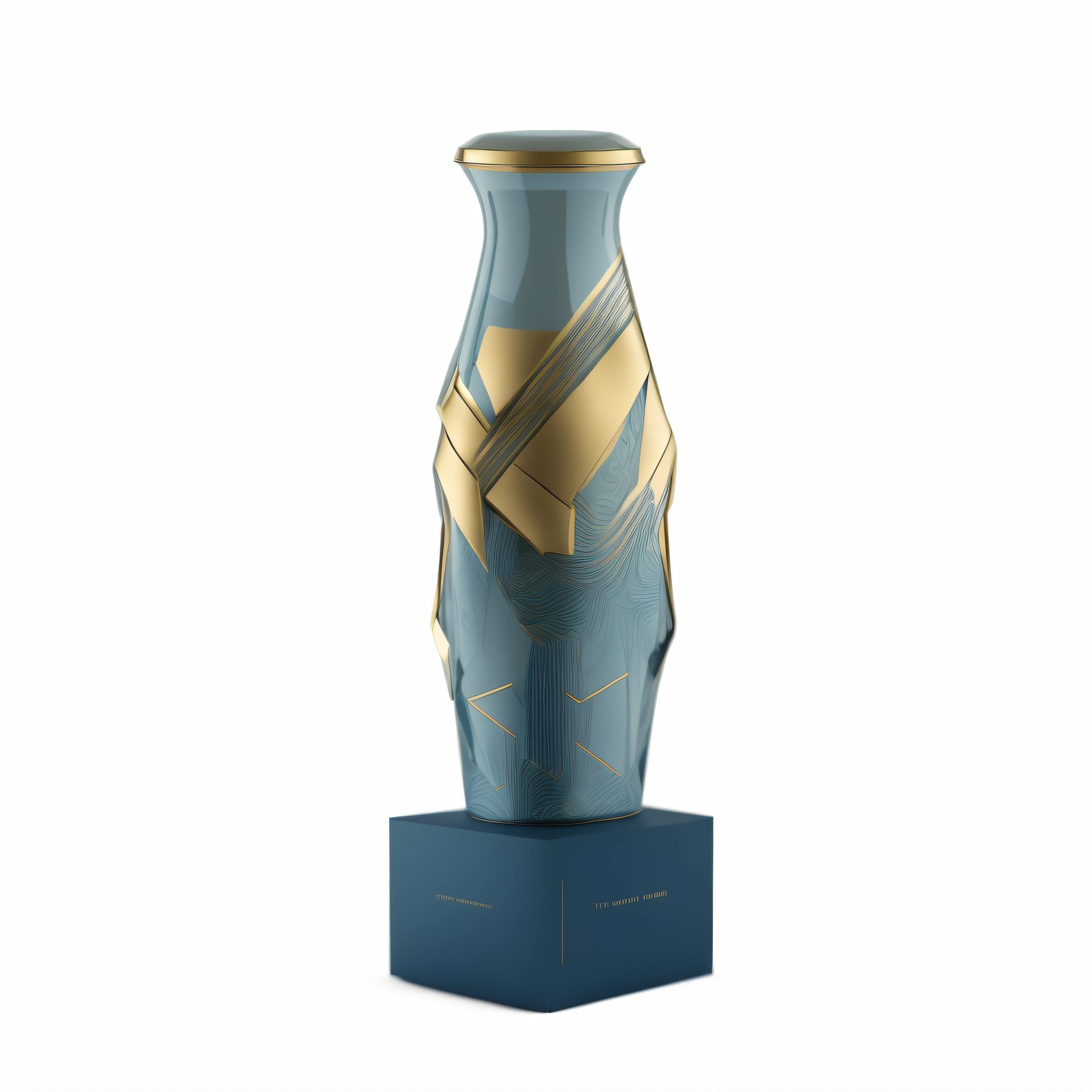 There is a blue vase with golden design, triumph, packaging award, winning masterpiece, award-winning masterpiece, award-winning masterpiece, award-winning masterpiece, picture of the year award, bottle, design in blender, awe - inspiring award - award-won, award-winning CGI, Dubai, Academy Award winner, 2018, 2 0 1 8, vase, space booth, poster style