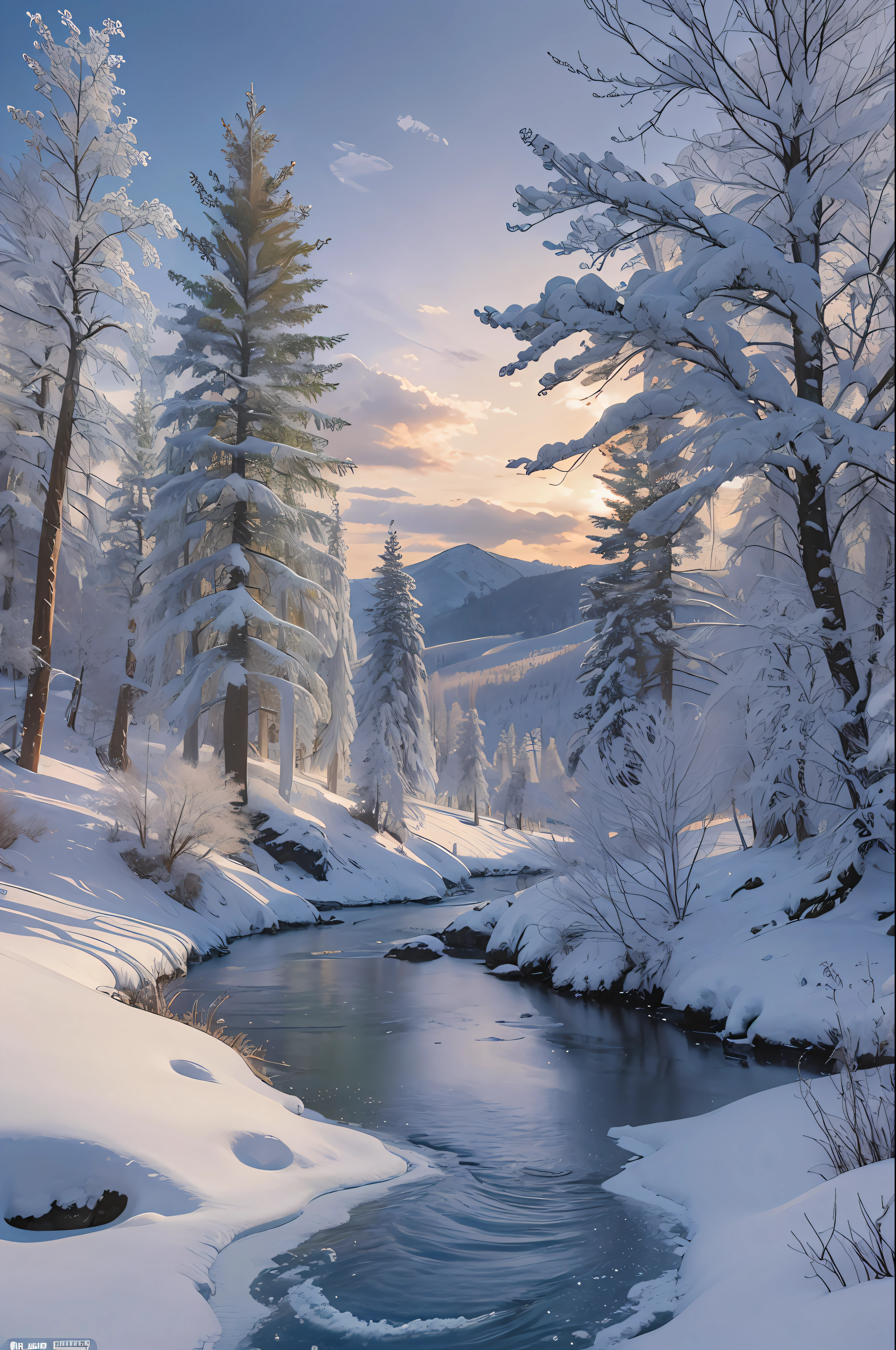 snowy landscape with a river and trees in the middle of it, winter scene fantasy, background artwork, snowy landscape, winter concept art, snowy environment, beautiful snowy landscape, snow landscape, snow landscape background, 4k highly detailed digital art, 8k high quality detailed art, cold snowy, surreal frozen landscape, winter landscape, mystic winter landscape, 4k hd matte digital painting --auto --s2