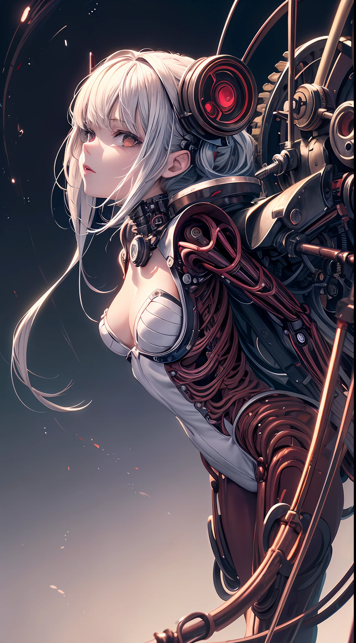 (((Masterpiece))), ((Best Quality)), (Super Detail), (CG Illustration), (Very Evil and Beautiful)), Cinematic Light, ((1 Mechanical Girl)), Single, (Mechanical Art: 1.4), ((Mechanical limb)), (Blood vessel attached to a tube), ((Mechanical spine attached to the back)), ((Mechanical cervical vertebrae attached to the neck), (Back to the viewer)), expressionless, ( Wires and cables attached to the head and body: 1.5), Science Fiction, Apocalypse, Ruins, (Lower Body Integrated with Mechanical Devices), (Blood: 1.5), Cruelty, Absurdity, Eroticism, Fusion with Machines, Doomsday Time, Super Future, Inorganic, Laboratory, Restraint, (Beautiful Indulgence: 1.2), (1 Girl: 1.3), Body Wrapped Around Mechanical Tentacles