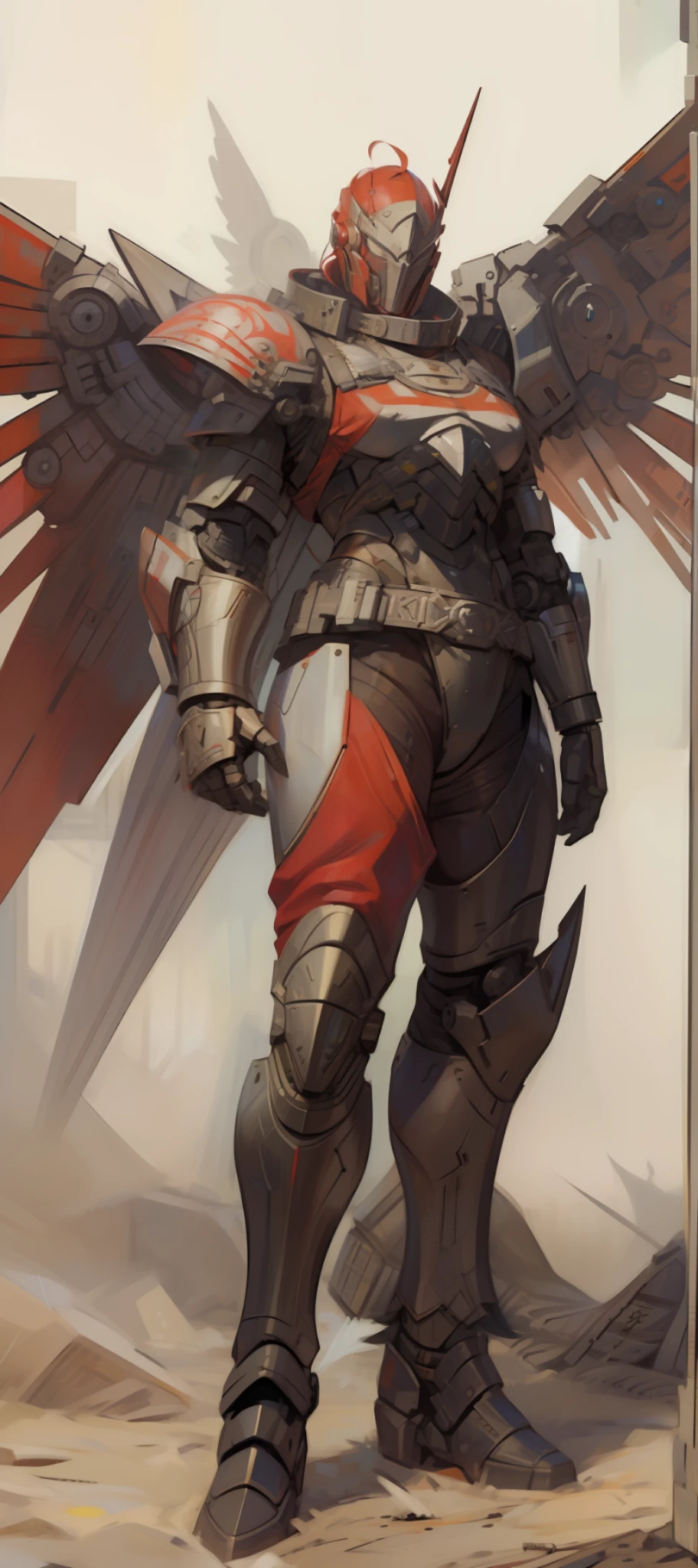 1male, dynamic pose, (masterpiece:1.2), (best quality:1.3), SCI-Fi Knight, Cyberpunk, futuristic, WHITE power armor with red cloth, mechanical pair of wings on back, steel feathers, Inspired by 17th century Winged Hussars, mecha, cyborg,