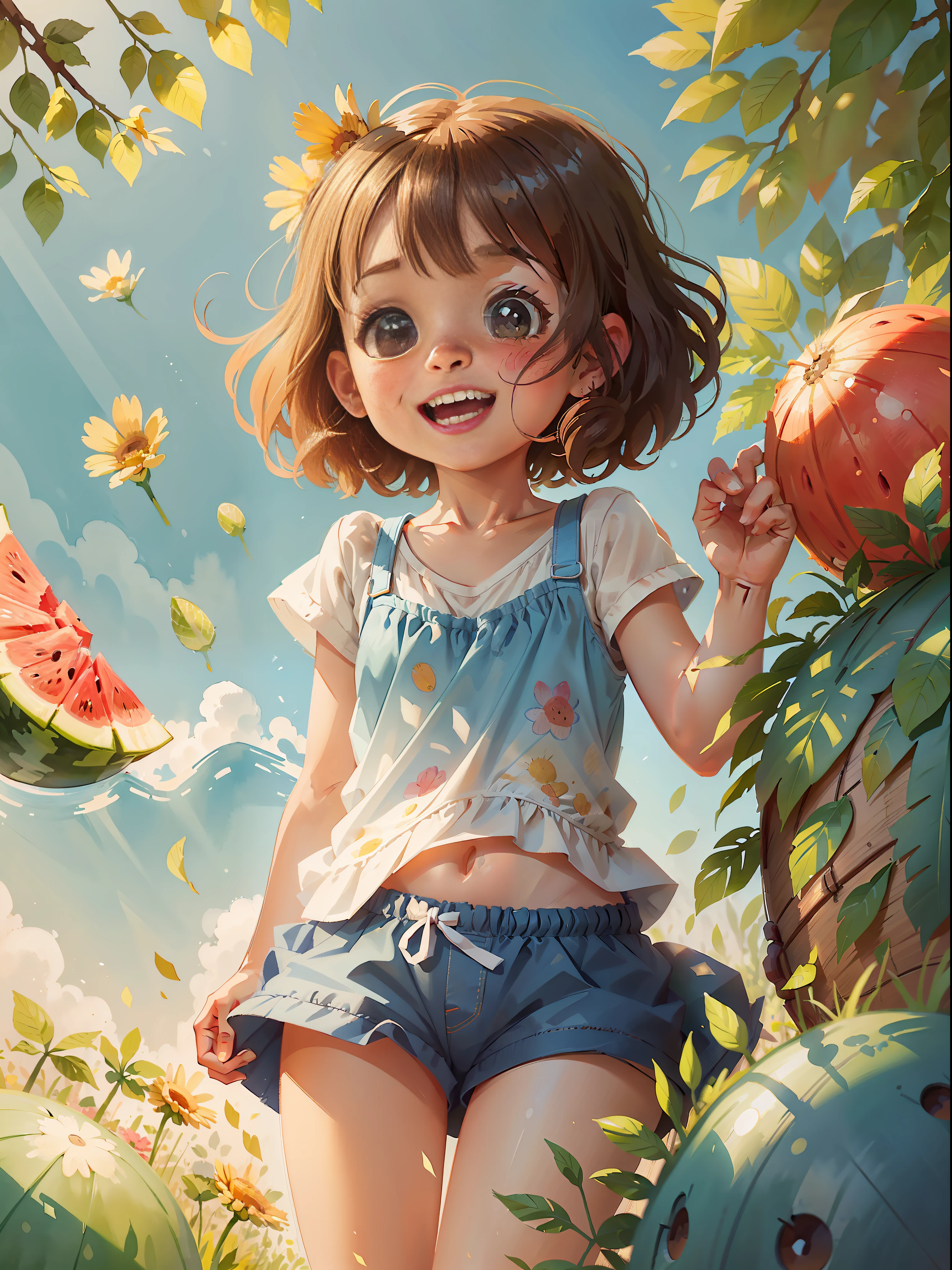 Summer scene, sunny, perfect light and shadow, high-key style, low saturation, super details, happy little girl, ball head, cut watermelon, illustration style, watercolor style, more details, no flowers, more background