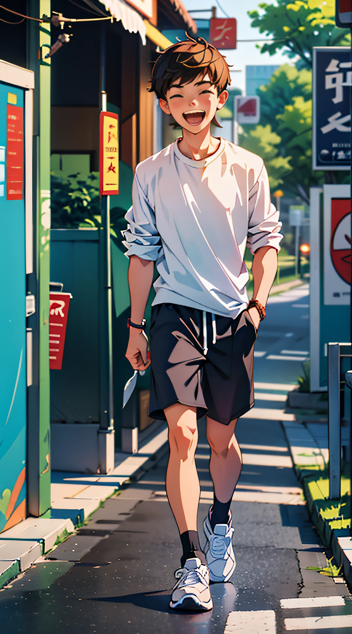 (Best Quality, Masterpiece), 1boy, Junior, Blurred Background, Upper Body, Modern, Teen, Thin, Tall, Lazy, Shy Laughter, White Shirt, Walking on the Road