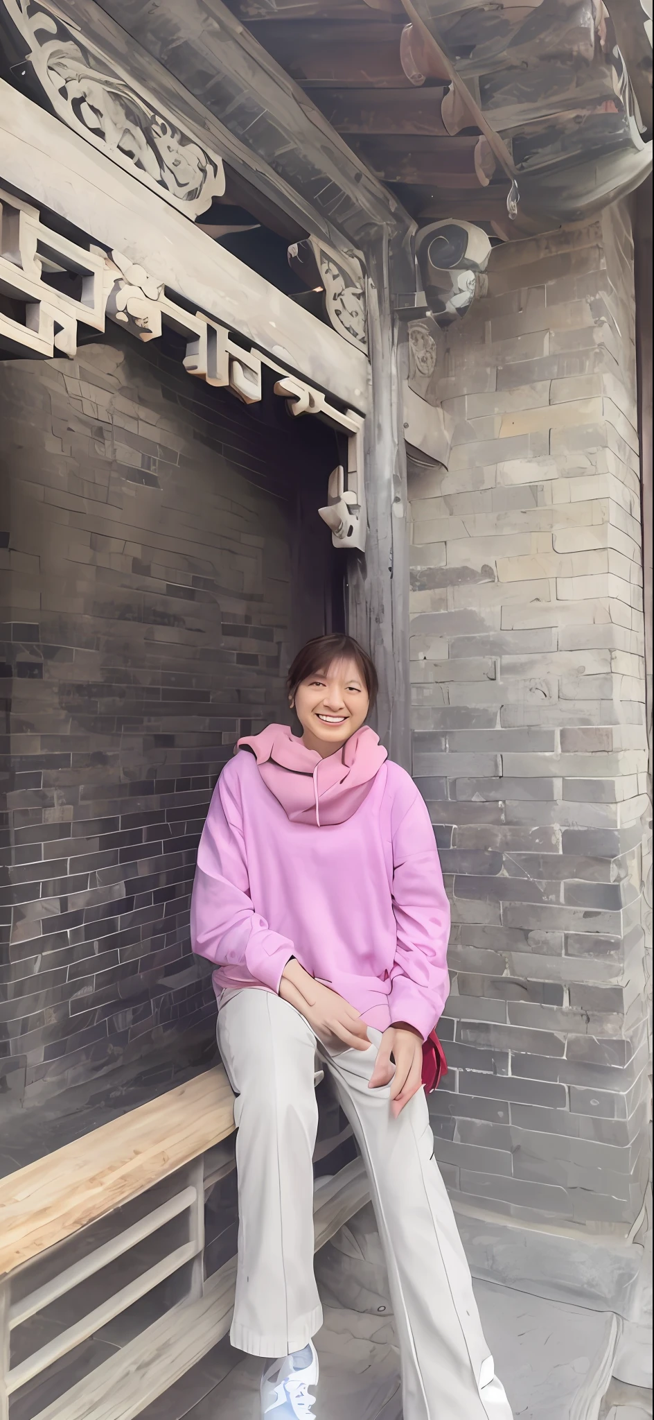 arafed woman sitting on a bench in front of a brick building, author li zhang, inspired by Tang Yifen, inspired by Ma Yuanyu, inspired by Zhang Zeduan, louise zhang, inspired by Yang Weizhen, inspired by Li Di, inspired by Fang Congyi, inspired by Weiwei, inspired by Lin Tinggui